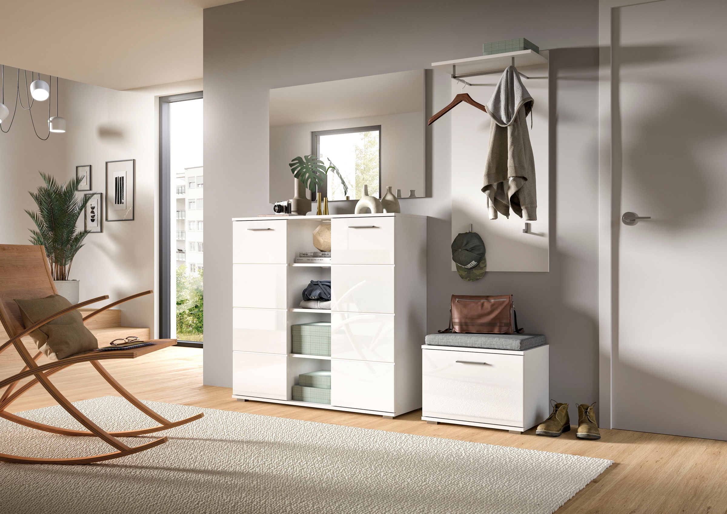 INOSIGN Garderoben-Set »Valge, Breite 165 cm, 4-teiliges Set, bestehend aus:«, (4 St.), Highboard, Garderobenspiegel, Sitzbank und Garderobenpaneel
