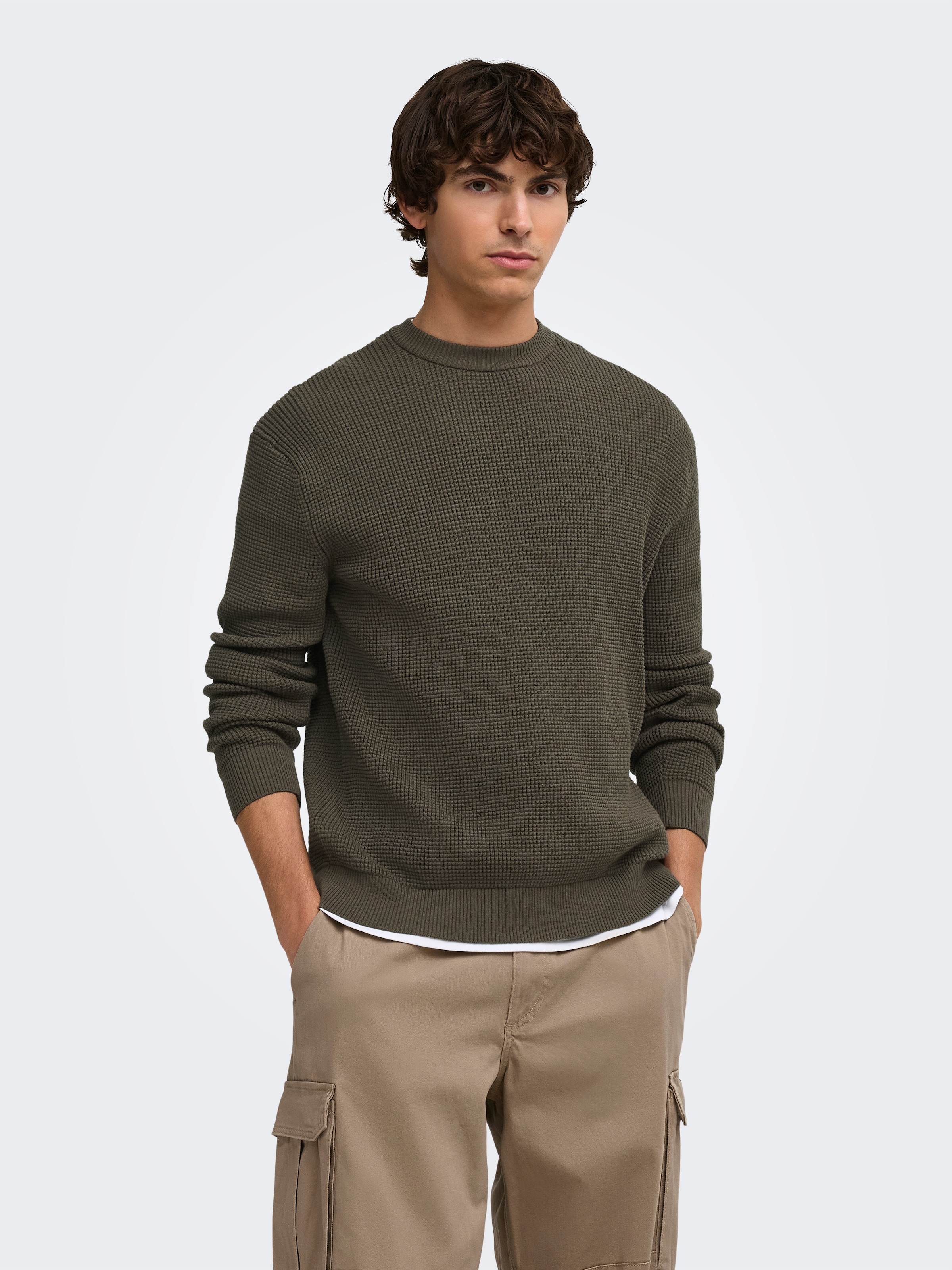Image of ONLY & SONS Rundhalspullover "ONSMARIUS LS WAFFLE CREW REG OTL" Baumwollmischung, regular fit