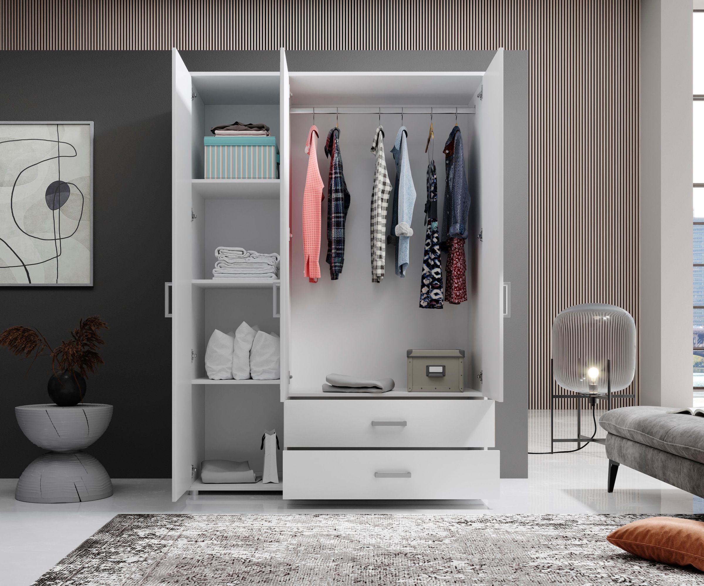 Schlafkontor Armoire à portes battantes »Ivar Kleiderschrank mit Spiegel« inklusive 2 Spiegeltüren und 2 farblich abgesetzten Schubkästen