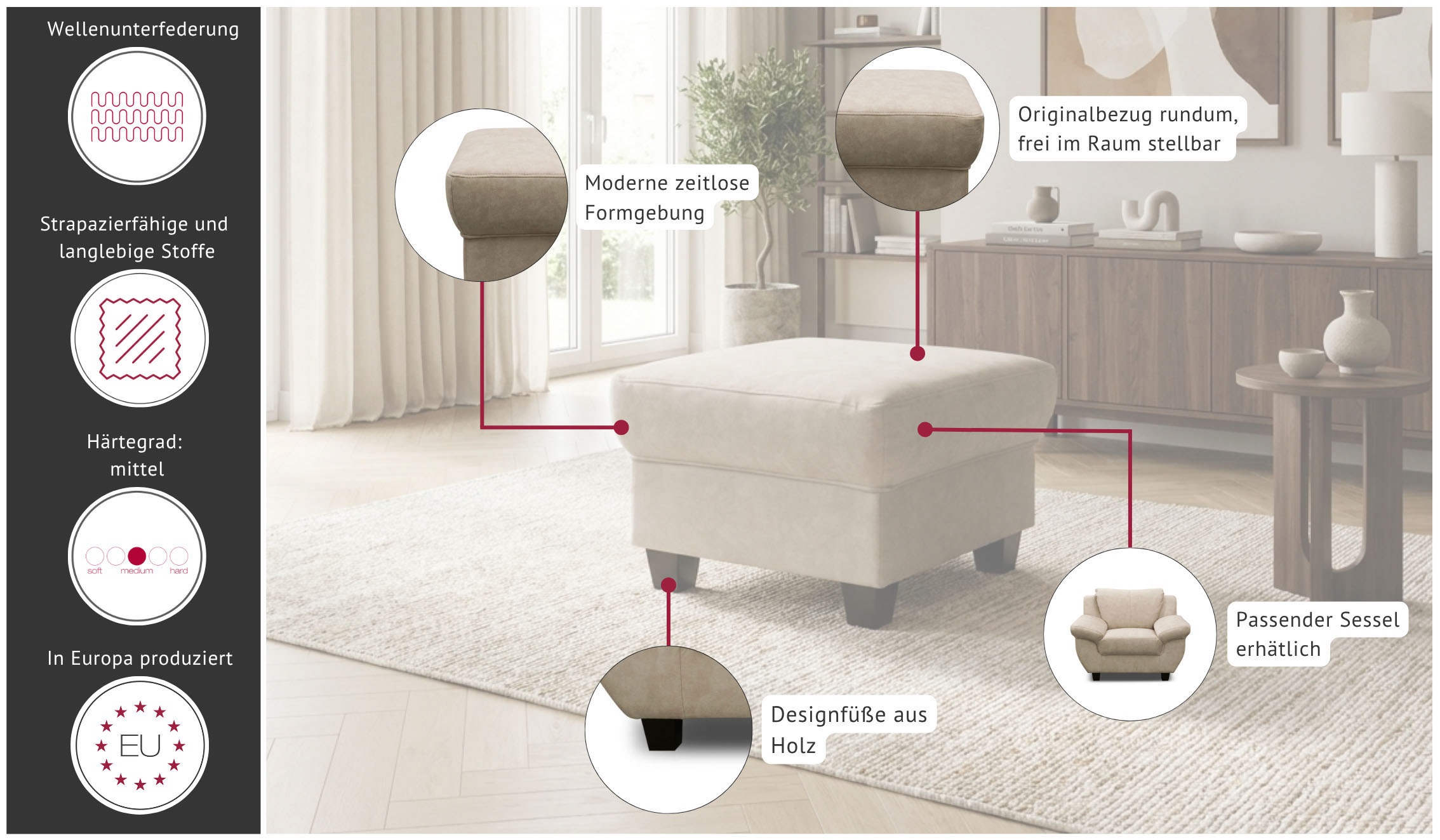 GOODproduct Hocker »Sillkeborg 59 x 59 cm, kompakt, komfortabel & mit Holzfüssen« aus pflegeleichtem, weichem Luxus-Microfaser