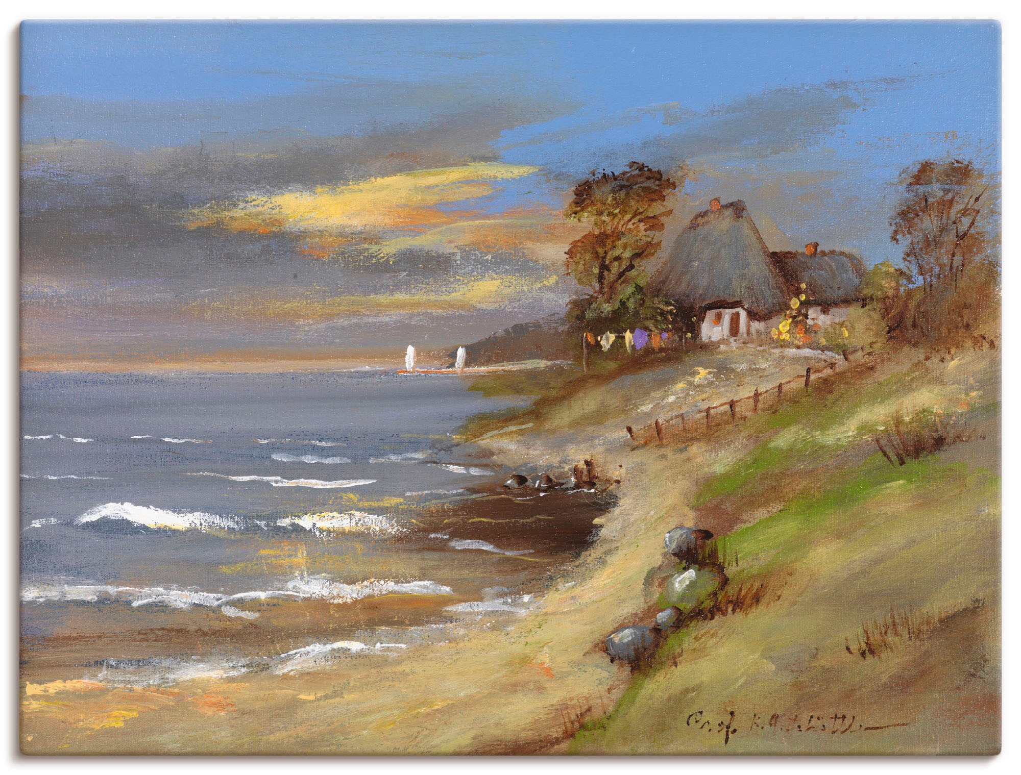 Image of Artland Wandbild »Weiss strohgedecktes Haus am Meer«, Gewässer, (1 St.), in vielen Grössen & Produktarten -Leinwandbild, Poster, Wandaufkleber / Wandtattoo auch für Badezimmer geeignet bei Ackermann Versand Schweiz