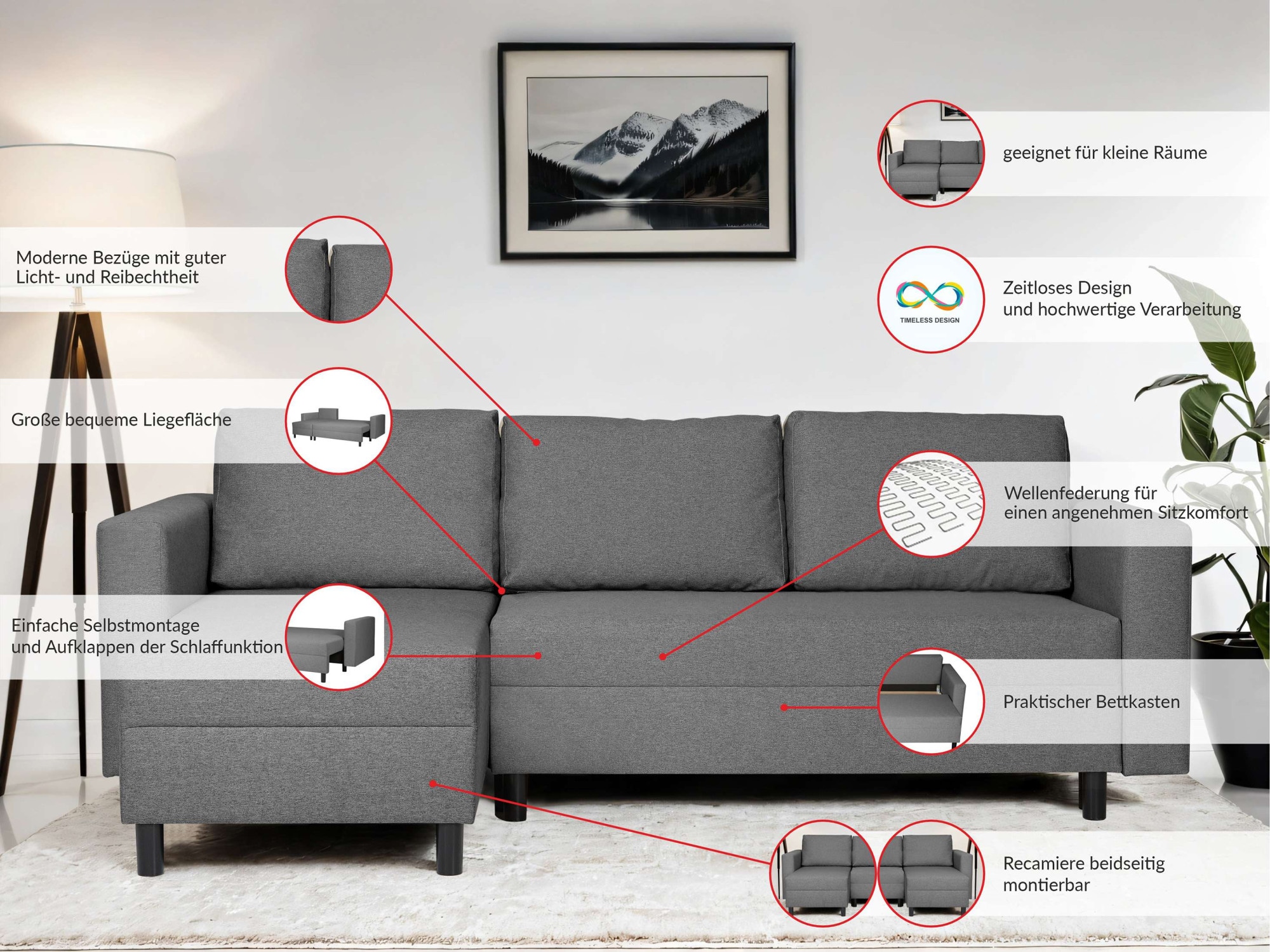 INOSIGN Ecksofa »GLENOE Schlafsofa mit Bettkasten, Recamiere beidseitig montierbar«, L-Form, Masse B/T/H: 230/135/84,5 cm, Velvet & Struktur weich