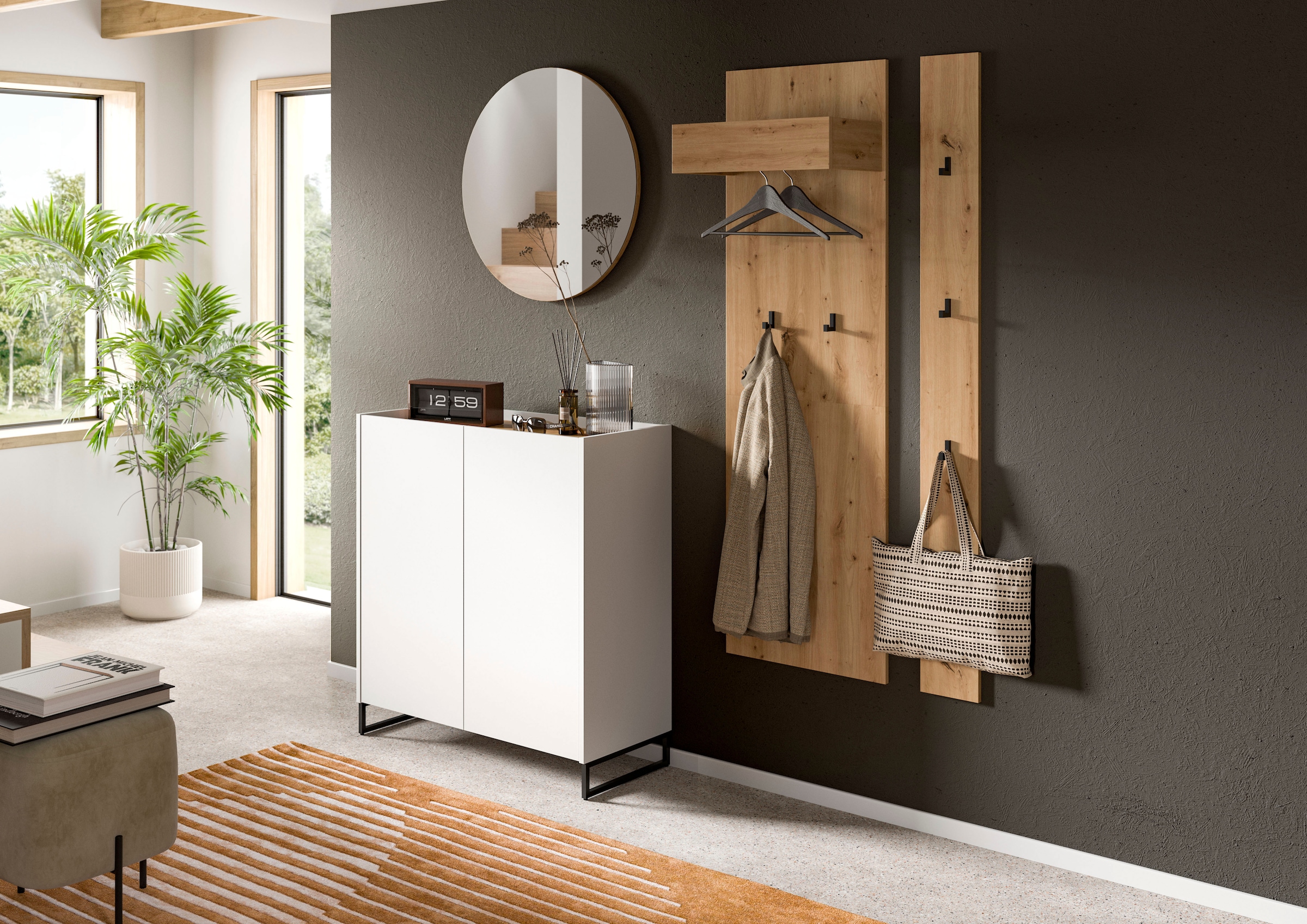 Home affaire Garderoben-Set »EVRID, 4-teilig, Breite 206 cm, individuell stellbar & erweiterbar« best. aus: Kommode, Spiegel, Garderobenpaneel & Hakenleiste, 4 Stk. tlg.