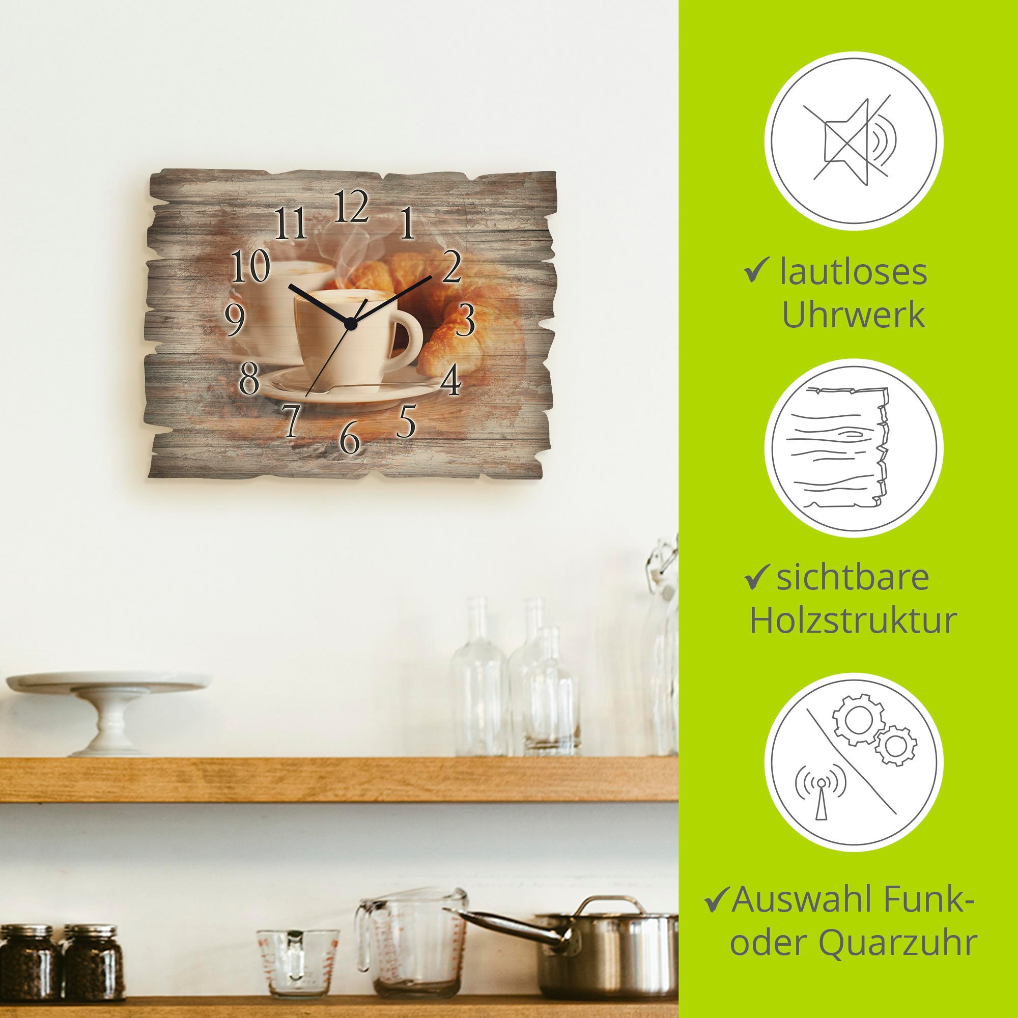 Artland Wanduhr »Dampfender Cappuccino und Croissant« wahlweise mit  Quarz- oder Funkuhrwerk, lautlos ohne Tickgeräusche