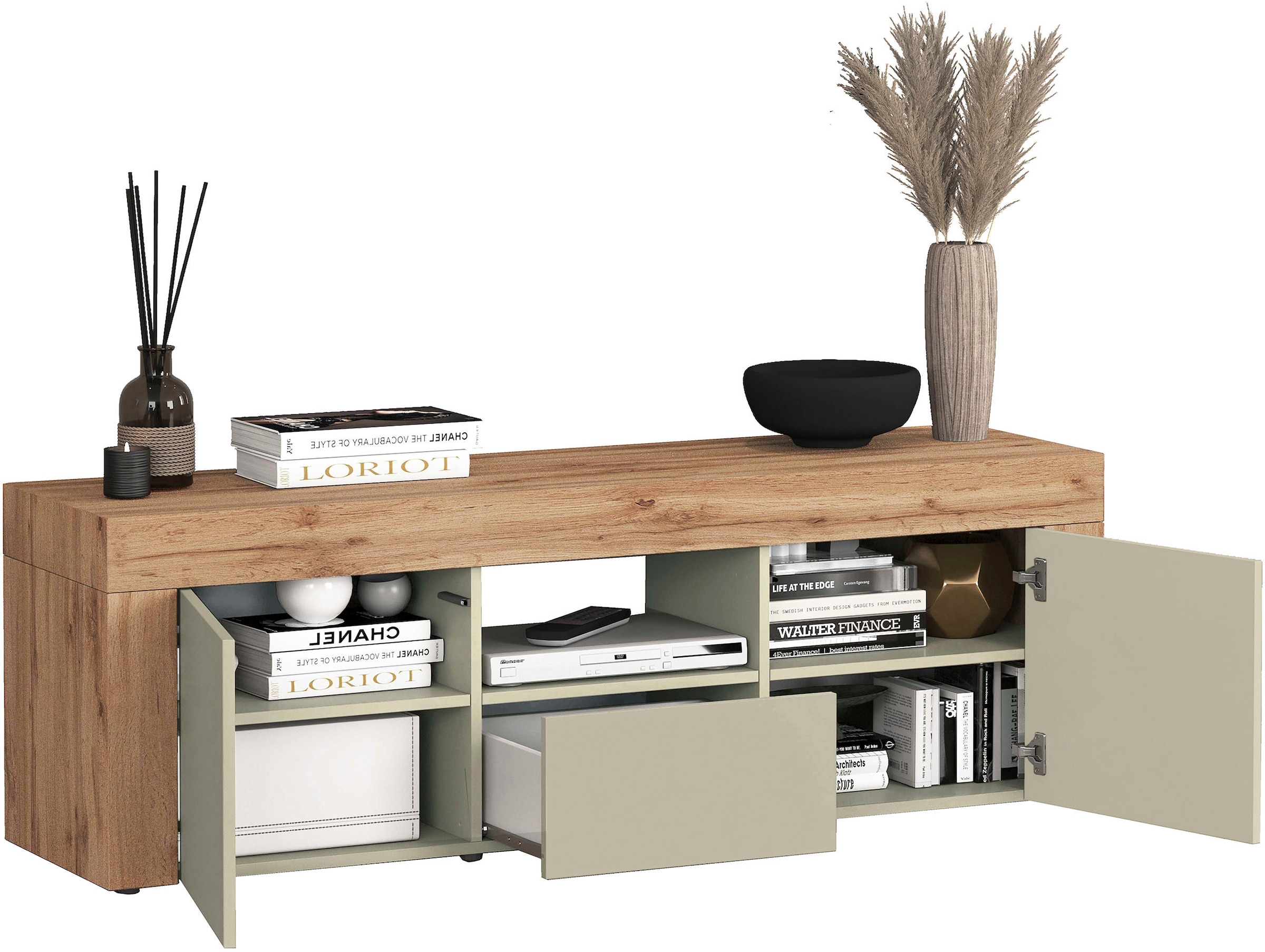 GOODproduct Lowboard »CHRONOS Breite 155 cm mit 2 Türen, 1 Schublade,1 offenes Fach« 1 Stk. tlg. TV-Board, Sideboard niedrig, Grifflos mit Push to Open 'Made in Italy'