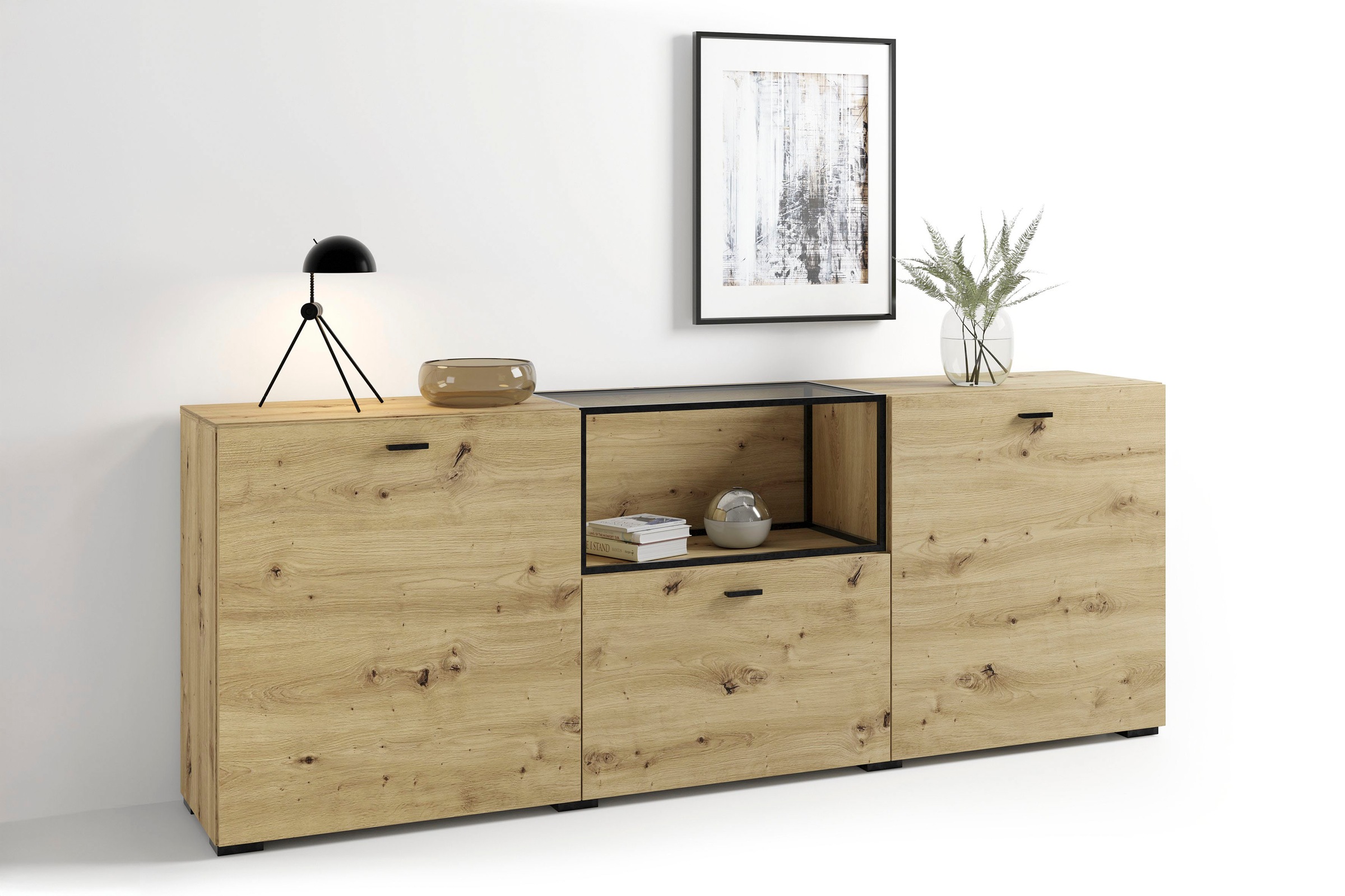 Image of byLIVING Sideboard "Frame" 1 Stk. tlg. moderne Kommode mit Metalleinsatz und Glasplatte, 200cm breit.