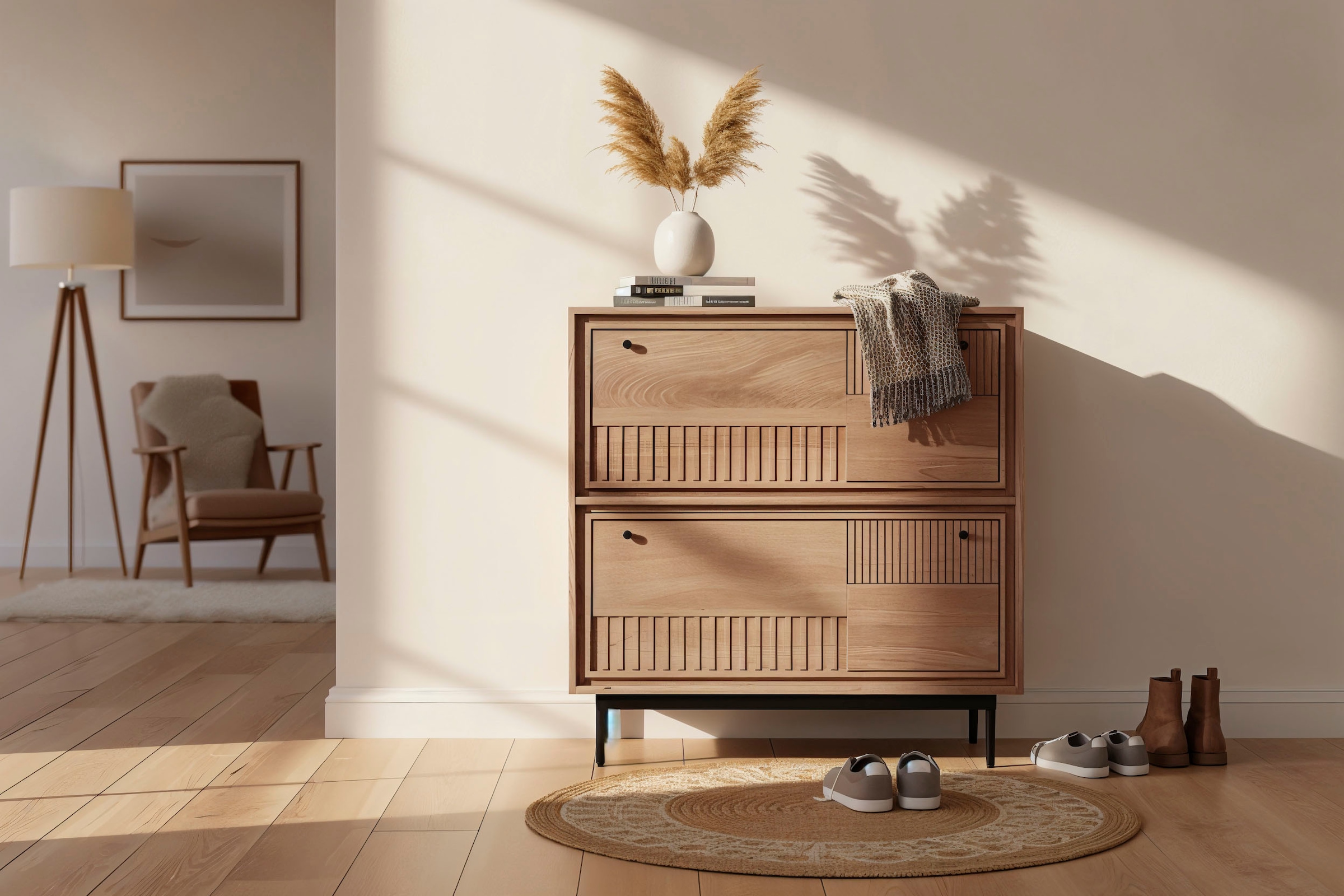 SIT Schuhschrank »Burano aus Mangoholz mit 2 Klappen & dekorativer Lamellenfront« 1 Stk. tlg. Kunstvolle Holzschnitzereien mit schwarzen Metallgriffen als Kontrast