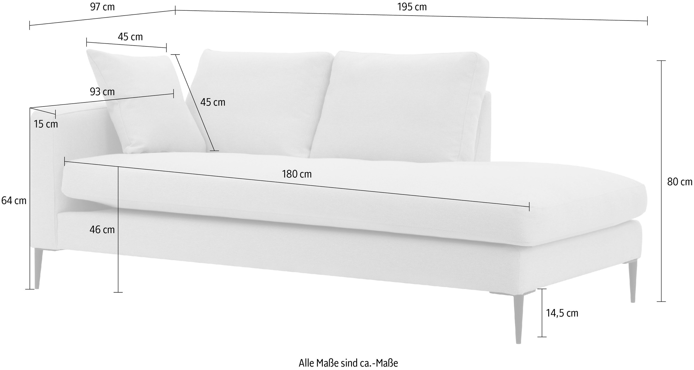 Leonique Recamiere »Cozy Chaiselongue, Masse B/T/H: 195/97/80 cm«, mit losen Kissen und Metallbeinen, Armlehne links oder rechts wählbar
