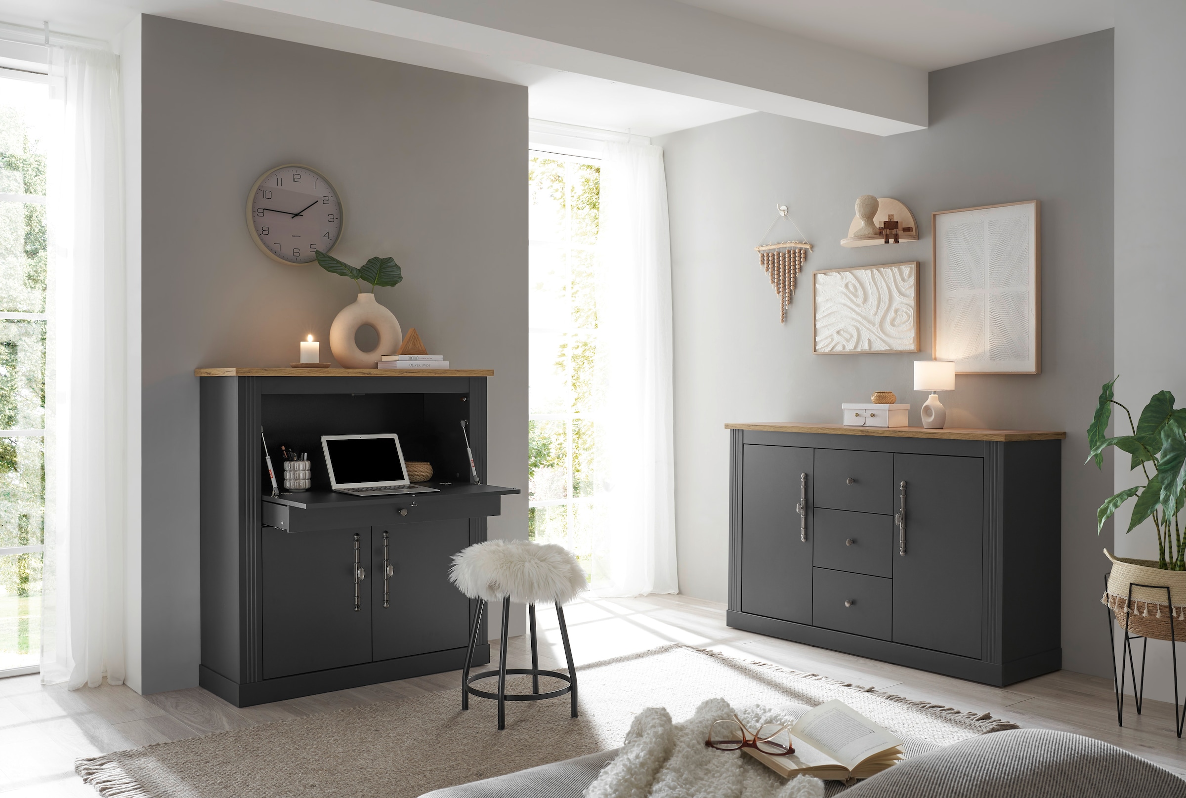 GOODproduct Ensemble de meubles de bureau »Westminster, wohnliches Home-Office, Büro in zwei Farben verfügbar« Ensemble, 2 tlg. comprend secrétaire et buffet de style campagne, avec canal pour câbles