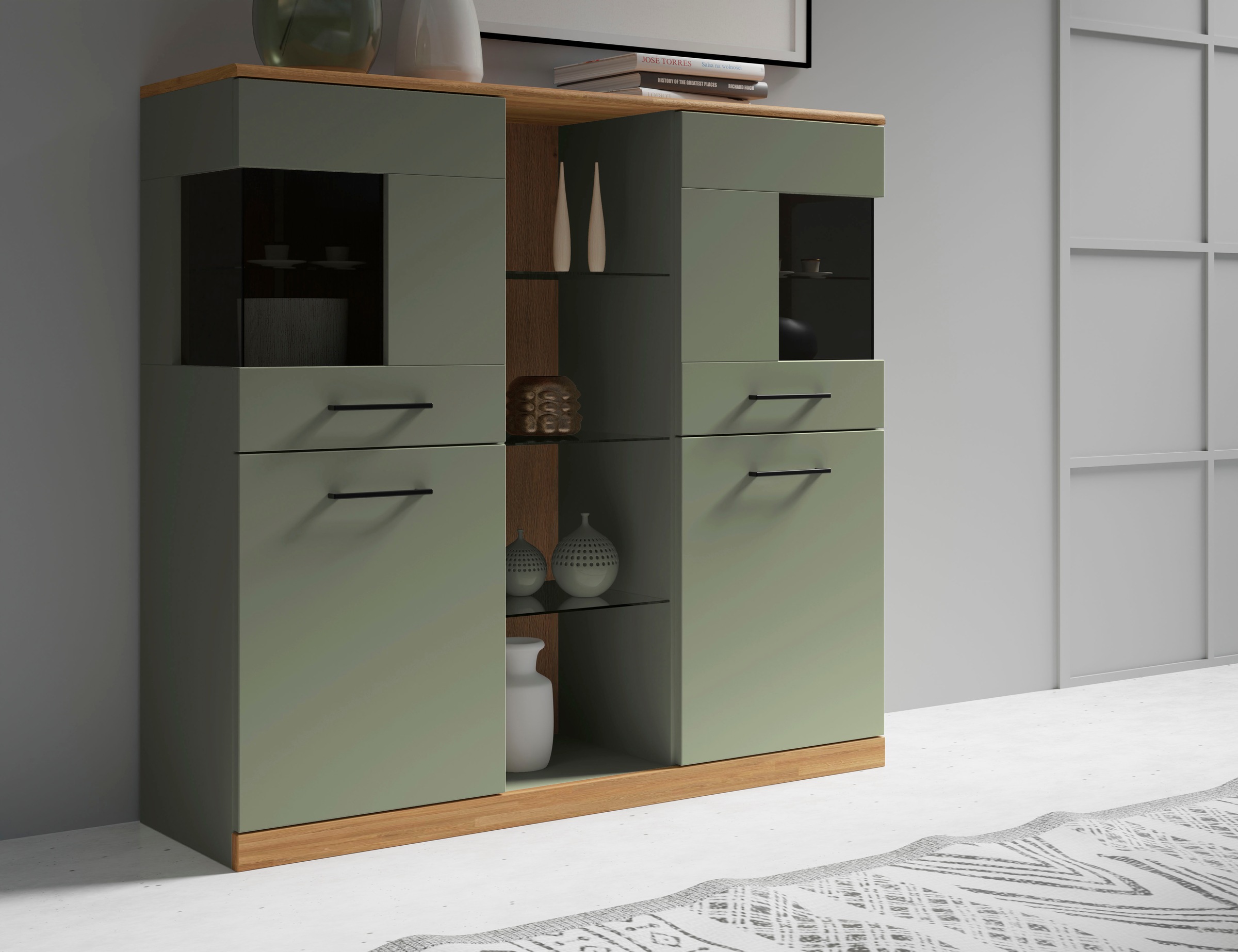 Image of GOODproduct Highboard "Ribe,120cm breit,112cm hoch,Oberplatte massiv,12 Fächer" Eiche massiv,Melamin Salbeigrün,schwarze Metall Griffe,Türen mit Glass