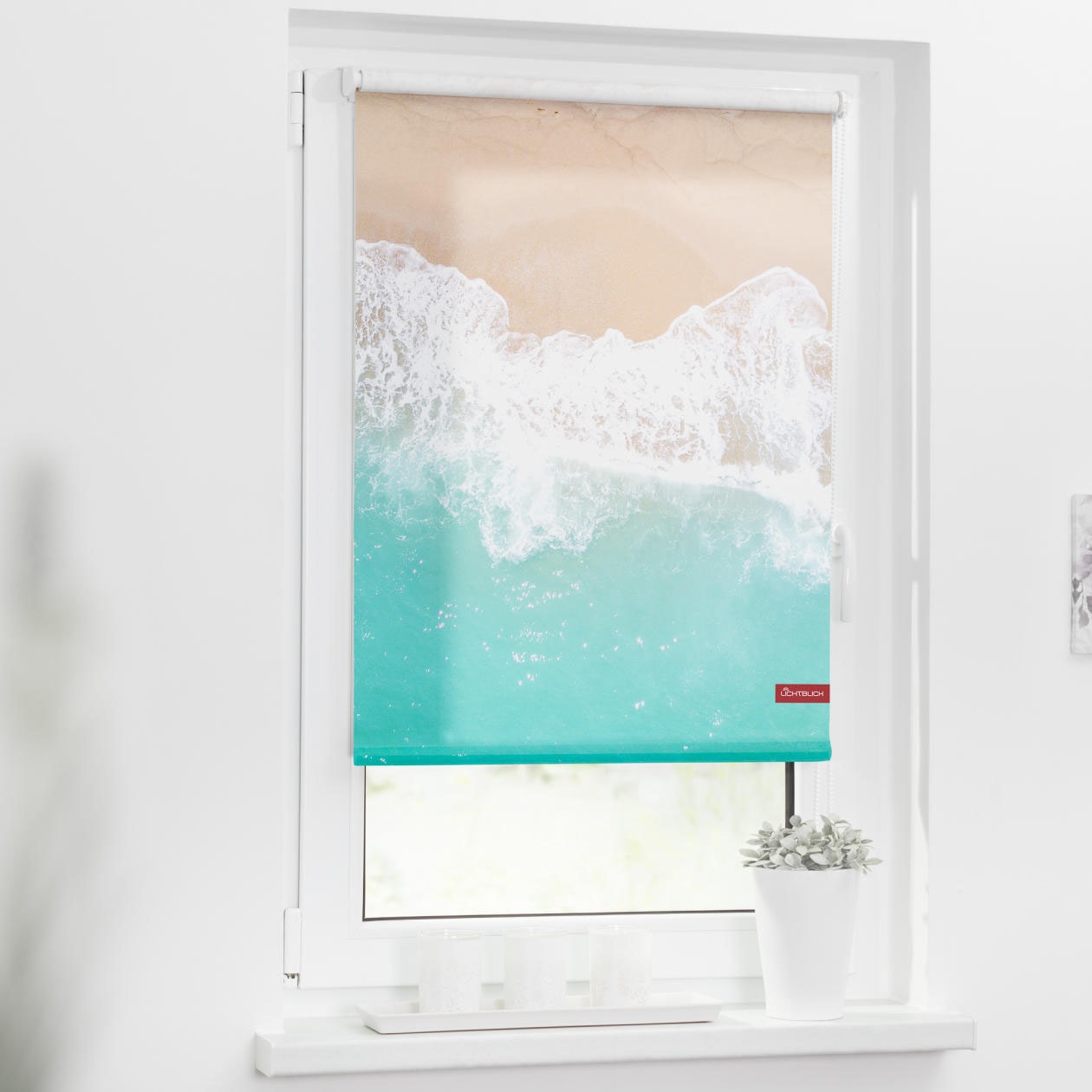 Image of LICHTBLICK ORIGINAL Seitenzugrollo »Rollo Klemmfix, ohne Bohren, Verdunkelung, The Beach - Türkis Beige«, verdunkelnd, Verdunkelung-energiesparend, freihängend bei Ackermann Versand Schweiz