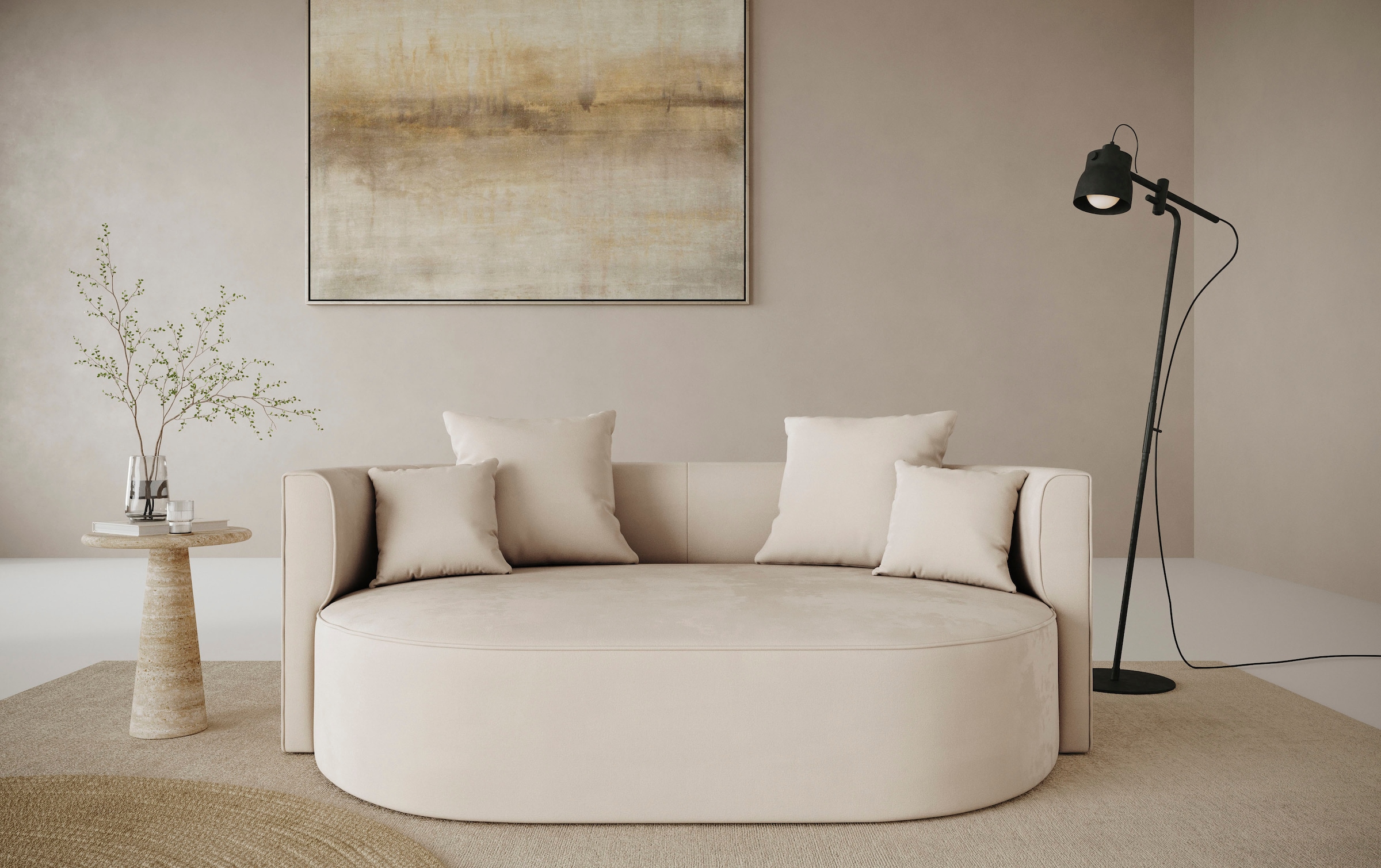 LeGer Home by Lena Gercke 2,5-Sitzer »ISALIE, rundes Loungesofa, mit Kissen, perfekt gepolstert«, moderne Stoffe, mit 4 Zierkissen, extra grosse Sitzfläche