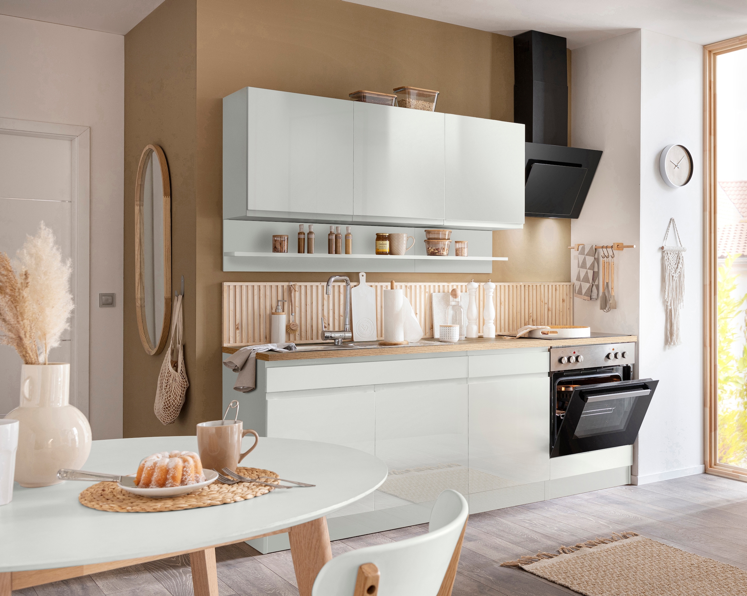 KOCHSTATION Küchenzeile »KS-Virginia,neu in verbesserter Ausführung« Arbeitsplatte 38 mm stark, Stauraum, Softclose,  Breite 210 cm,Soft-Close,wahlweise mit E-Geräten