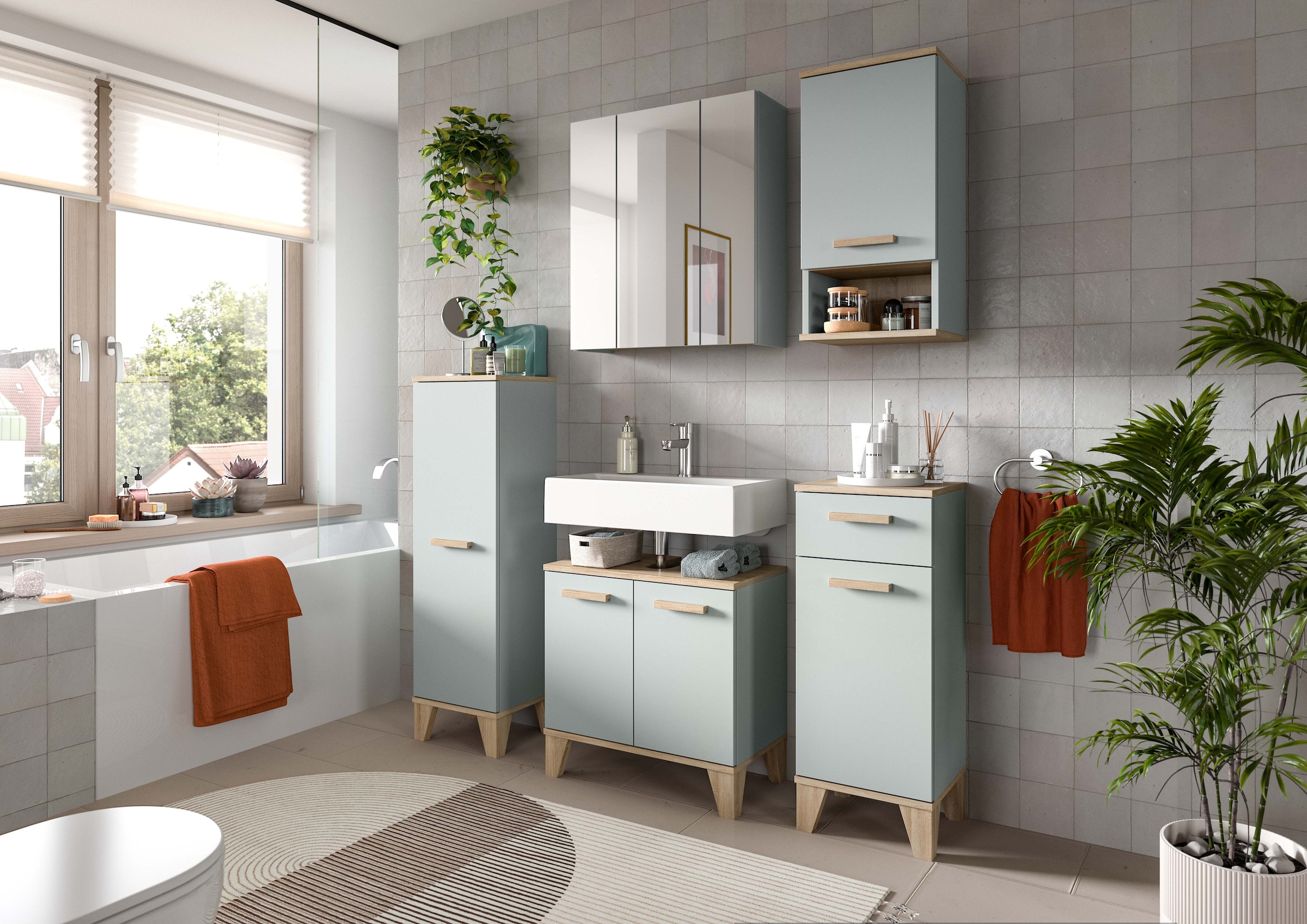 welltime Armoire suspendue »MINTTU, Höhe 68 cm, 1 Tür, 1 Einlegeboden, 1 offenes Fach« Charnière montable à droite ou à gauche,  Meuble de salle de bain, armoire de salle de bain, armoire, salle de bain, armoire murale