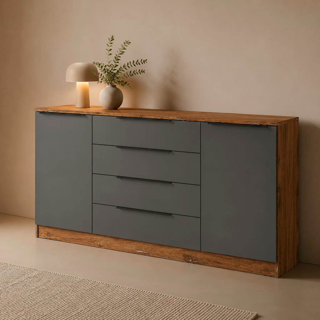 borchardt Möbel Buffet »Tom, moderne Kommode mit dunklen Metallgriffen« 166 cm, 2 portes 4 tiroirs, étagères réglables, beaucoup d'espace de rangement