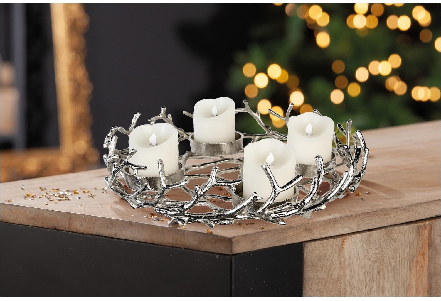 GILDE Kerzenhalter »Adventsleuchter rund Twigs silberfarben« Adventsleuchter Kerzenhalter Äste Zweige Advent festlich Kranz