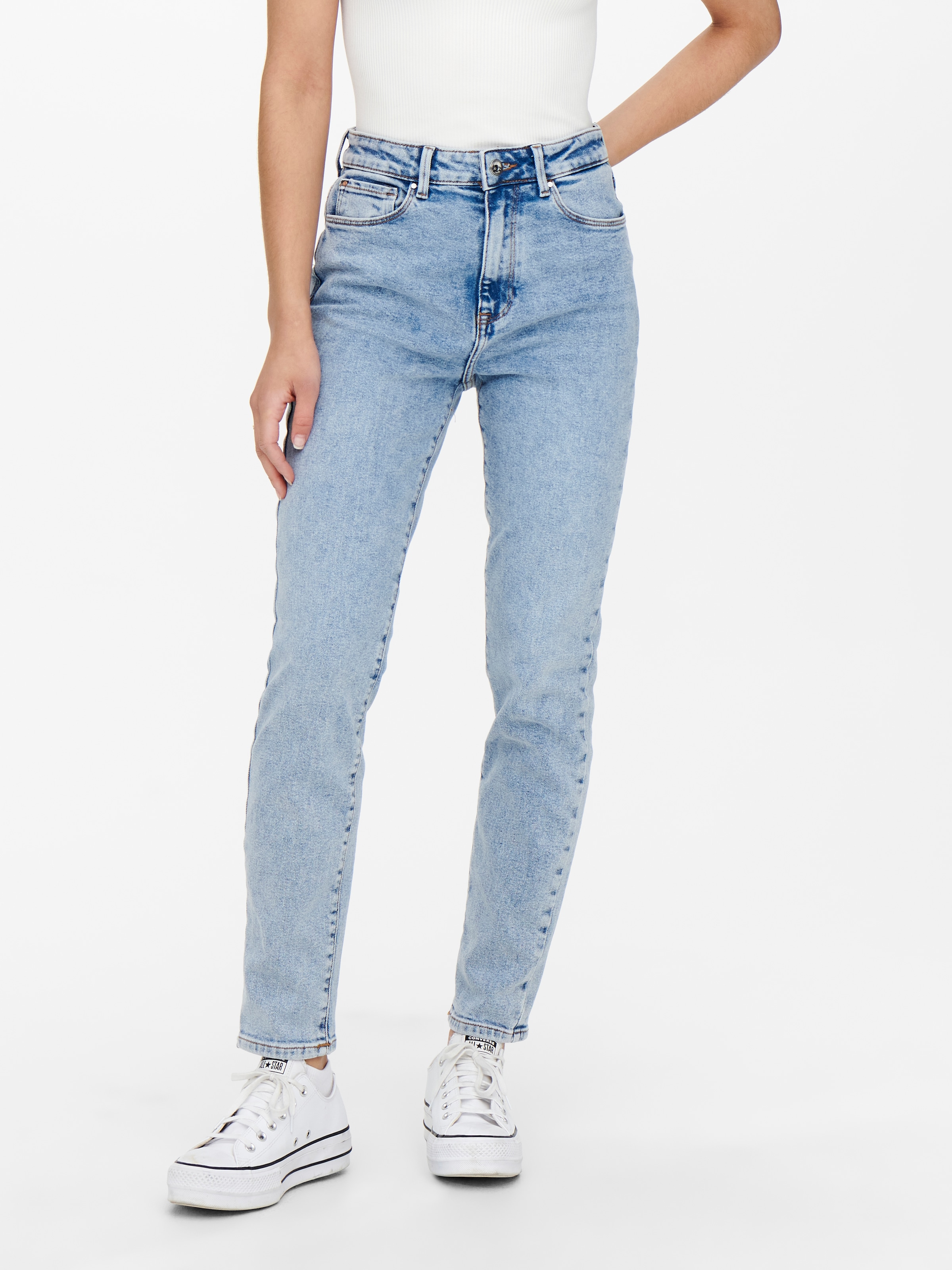 Image of ONLY High-waist-Jeans "ONLEMILY – Ankle-Jeans mit High Waist und geradem Schnitt" helle Waschung für einen ausgewaschenen und helleren Denim-Look