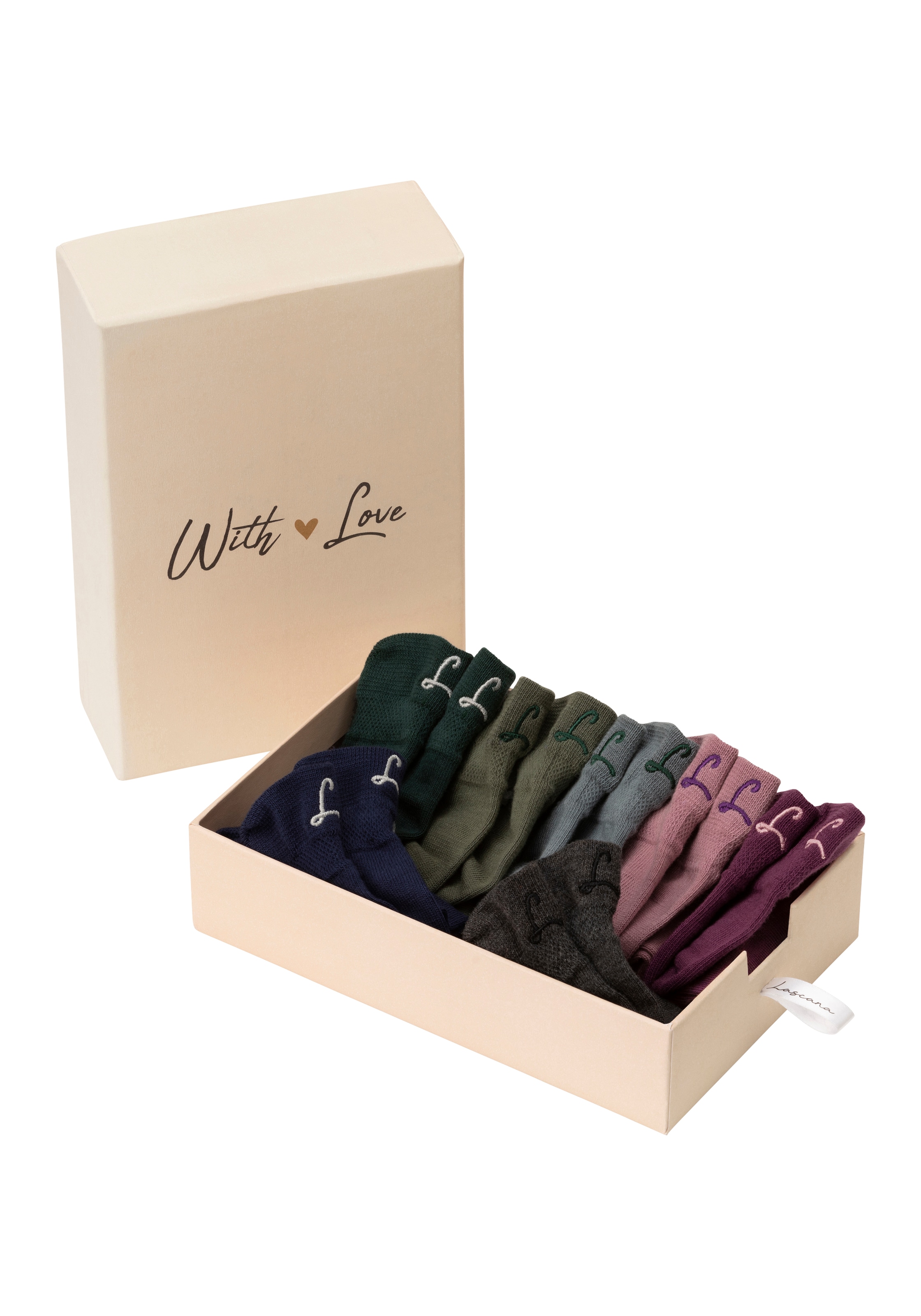 LASCANA Sneakersocken, (Box, 7 Paar, Box), mit kleiner Stickerei