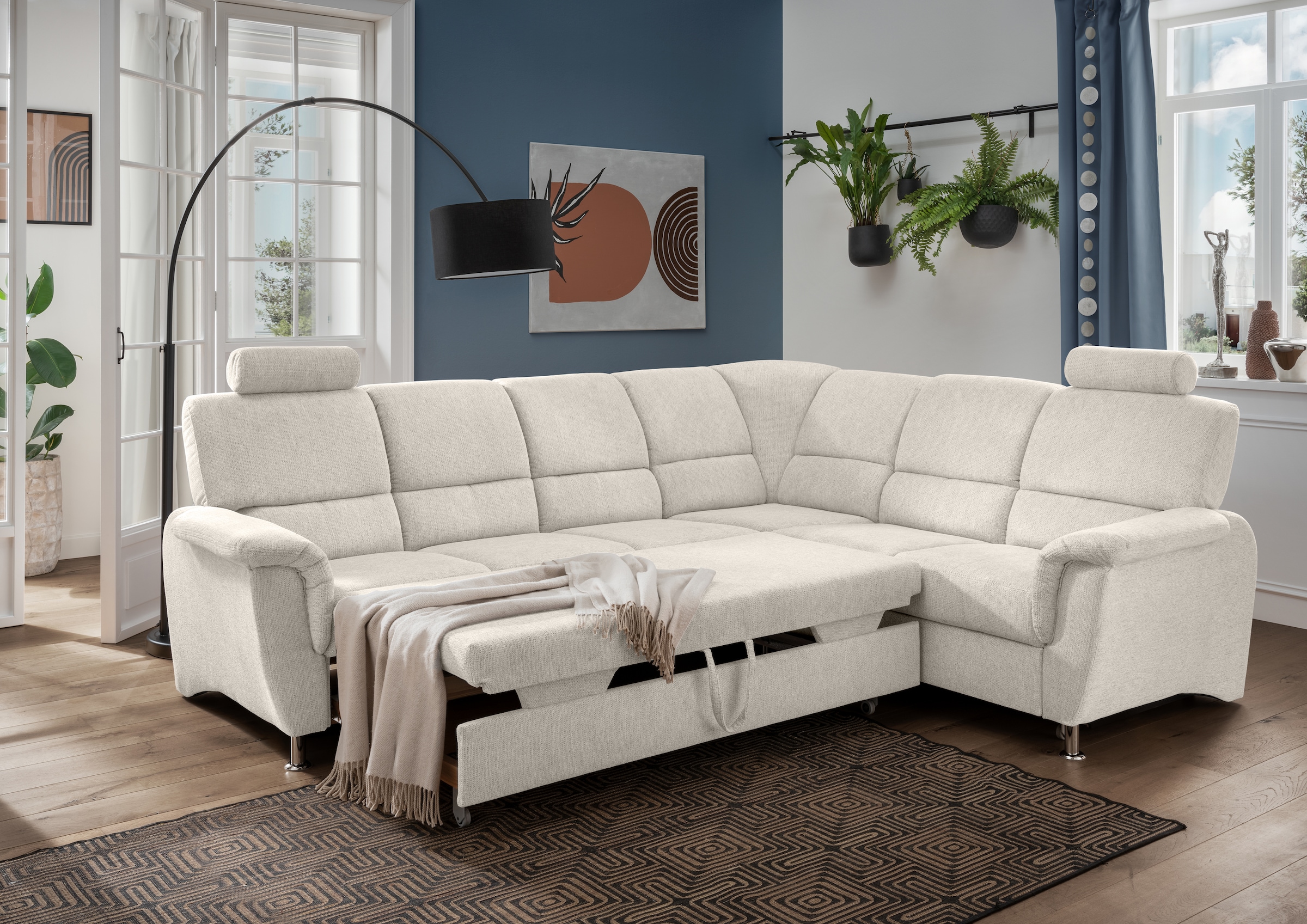 Home affaire Ecksofa »Pisa L-Form, mit Schlaffunktion, Stauraum, 2x höhenverstellbare«, Kopfstützen und Relaxfunktion im Eckelement