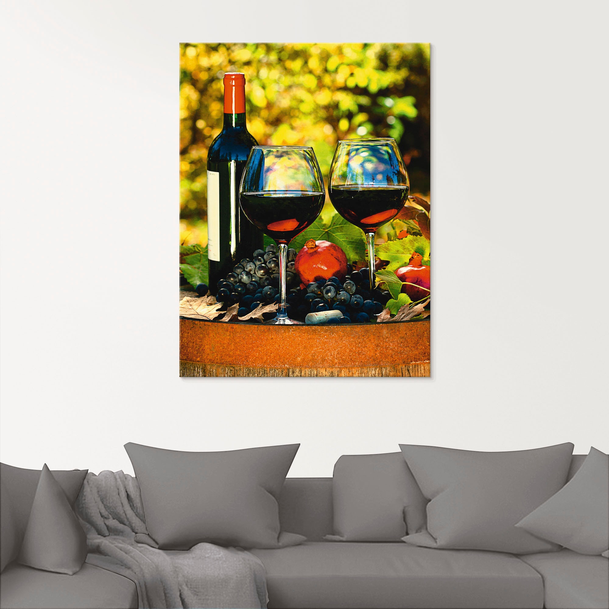 Artland Glasbild »Gläser Rotwein auf altem Fass«, Getränke, (1 St.), in verschiedenen Grössen