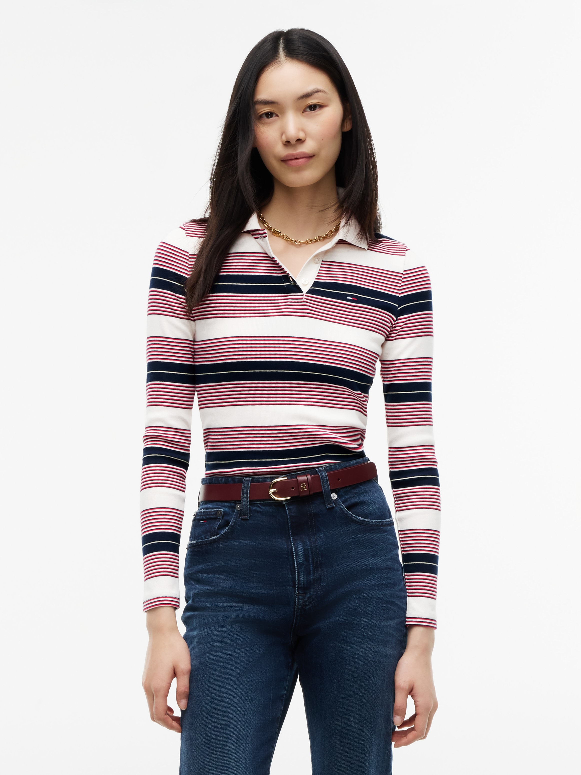 Image of Tommy Jeans Langarm-Poloshirt "TJW SLIM RIB LS POLO EXT" Baumwollmischung, slim fit, figurbetont, in gerippter Struktur