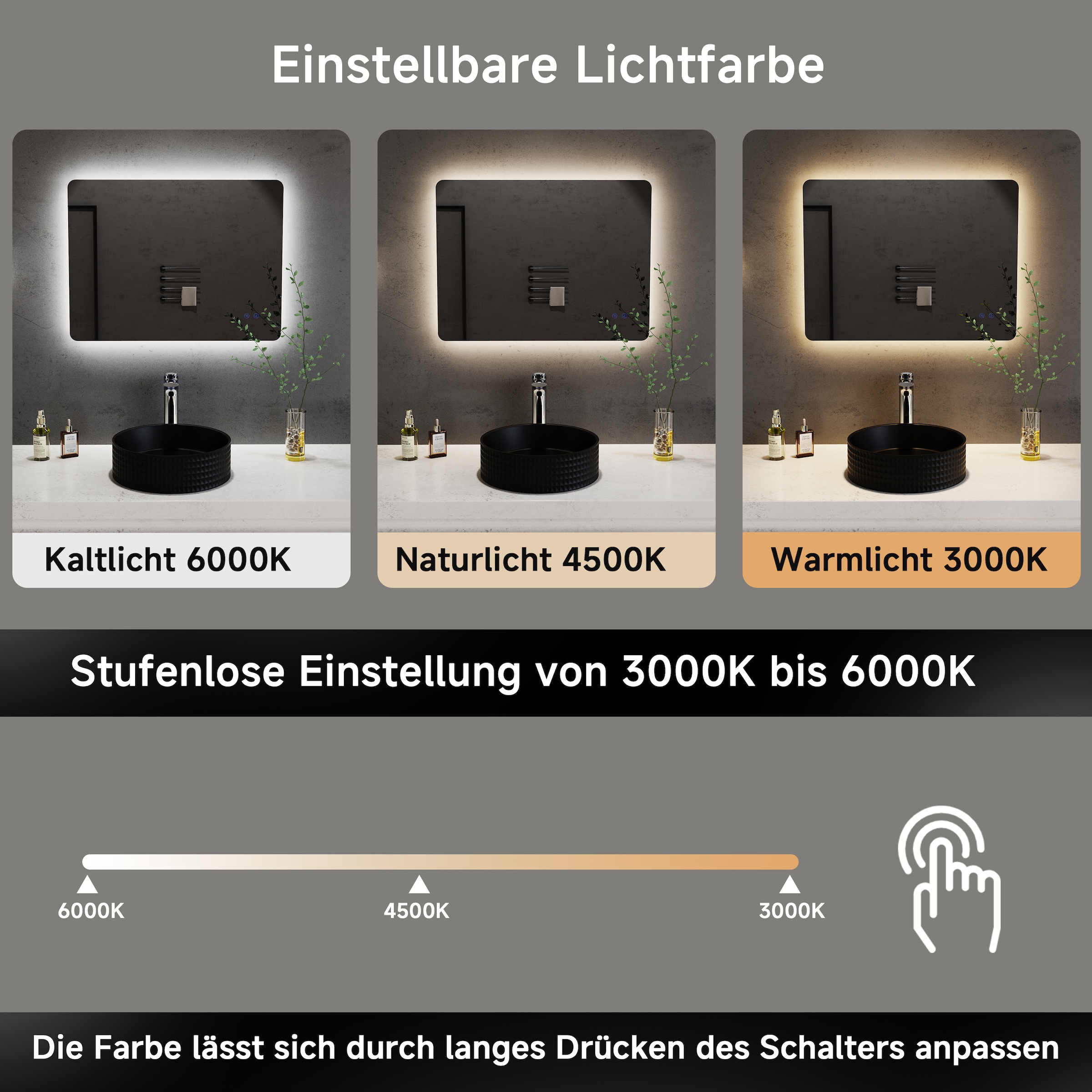 welltime Miroir lumineux LED »Toledo eckig, Spiegel mit LED Beleuchtung, Badspiegel« mit Anti-Fog Beschichtung