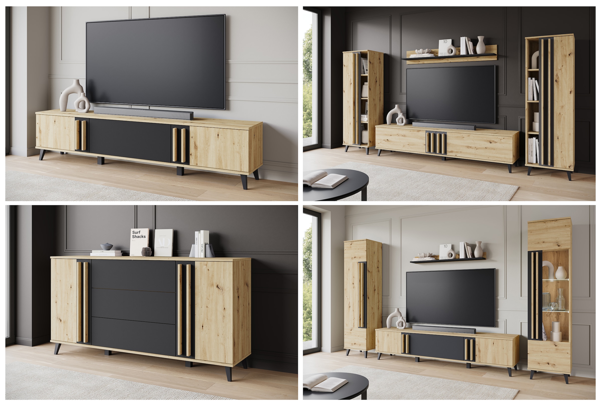 Home affaire Wohnwand »Helsinki, Modernes Set mit verglaster Vitrine« Komplett-Set, 4 Stk. tlg.