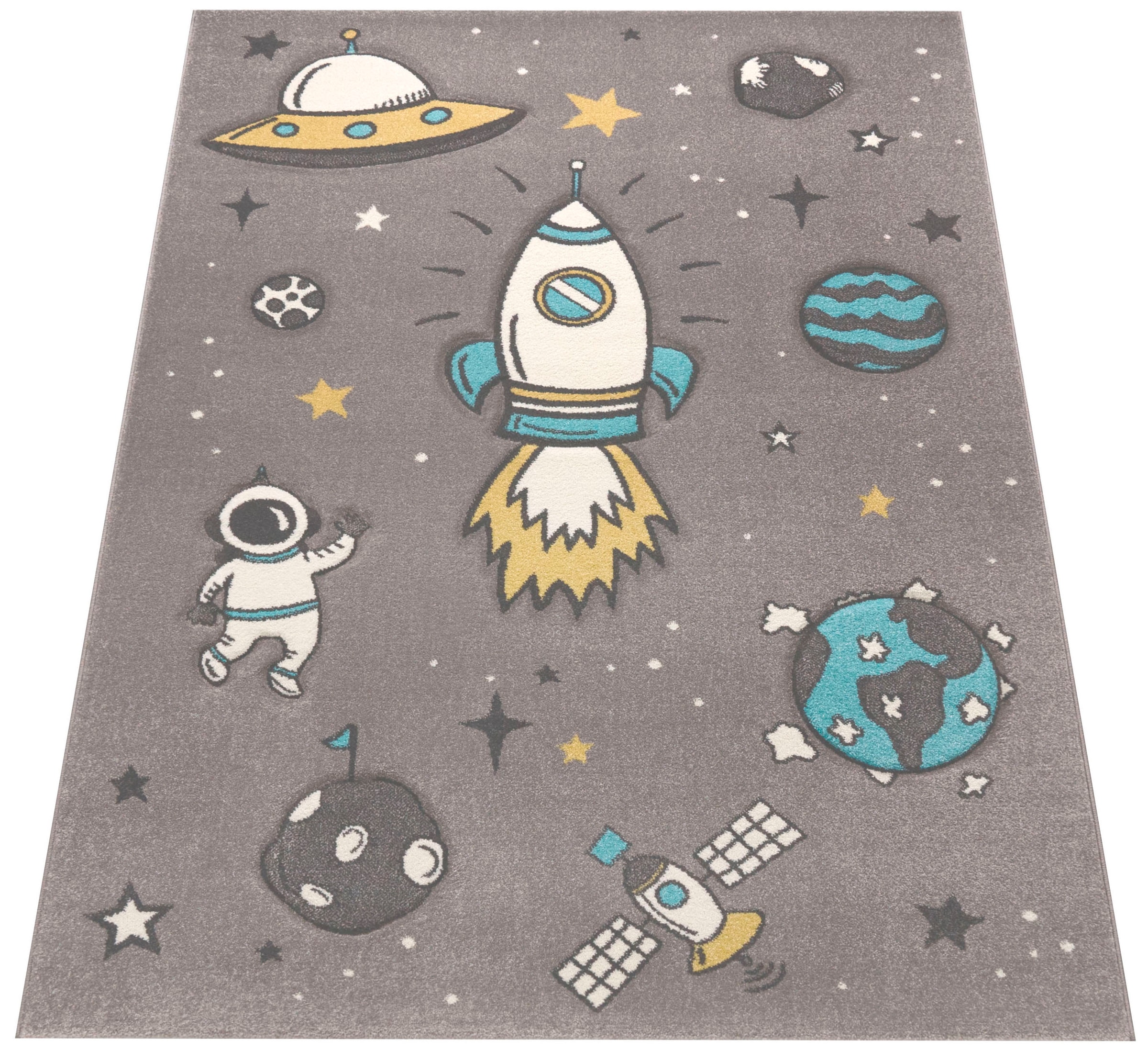 Paco Home Kinderteppich »Diamond 100«, rechteckig, 18 mm Höhe, 3D-Design, Motiv Weltraum, Rakete & Astronaut, Kinderzimmer