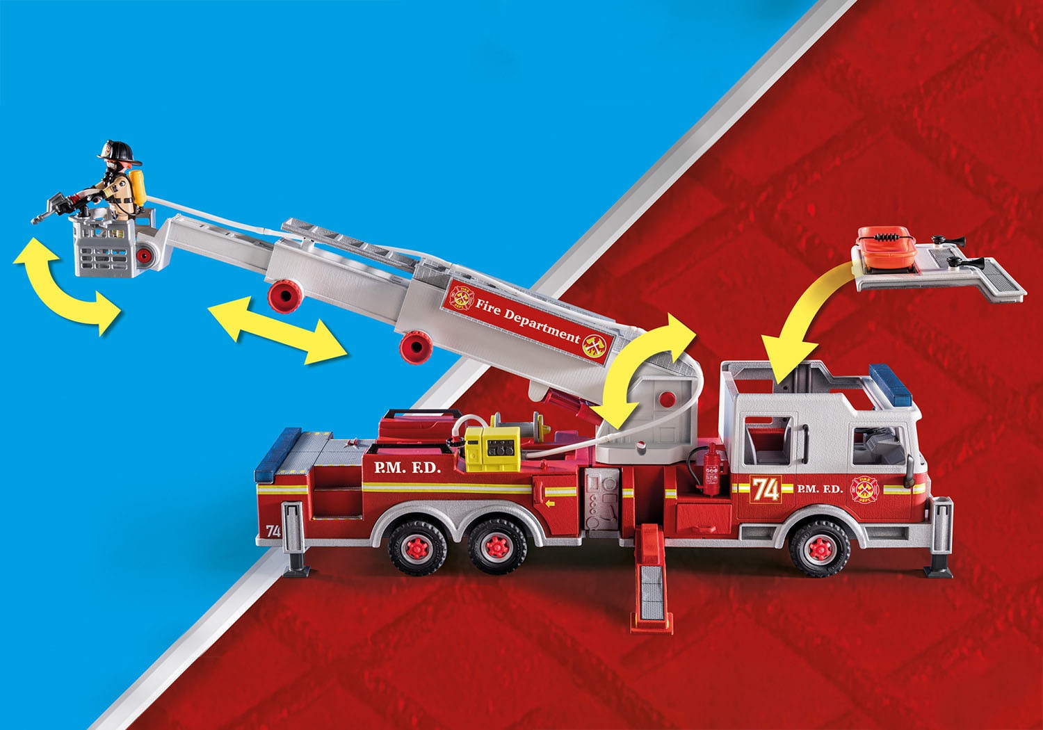 Playmobil® Konstruktions-Spielset »Feuerwehr-Fahrzeug: US Tower Ladder (70935), My Action Heroes«, (113 St.), mit Licht- und Soundeffekten, Made in Germany