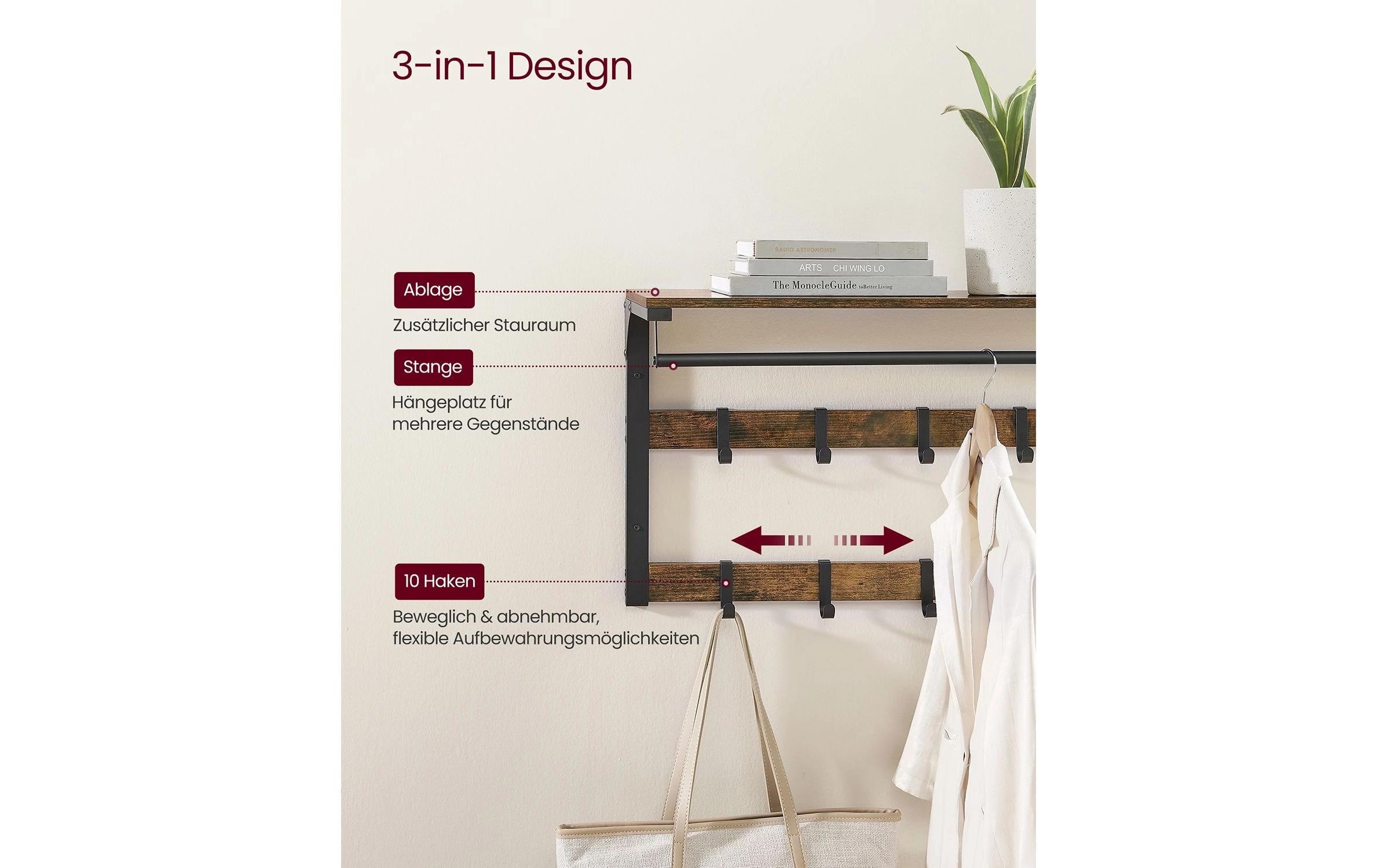 Image of VASAGLE Wandgarderobe "im Industriestil mit Ablage 80 x 30 x 45 cm" Wandregal mit Kleiderstange und 10 Haken