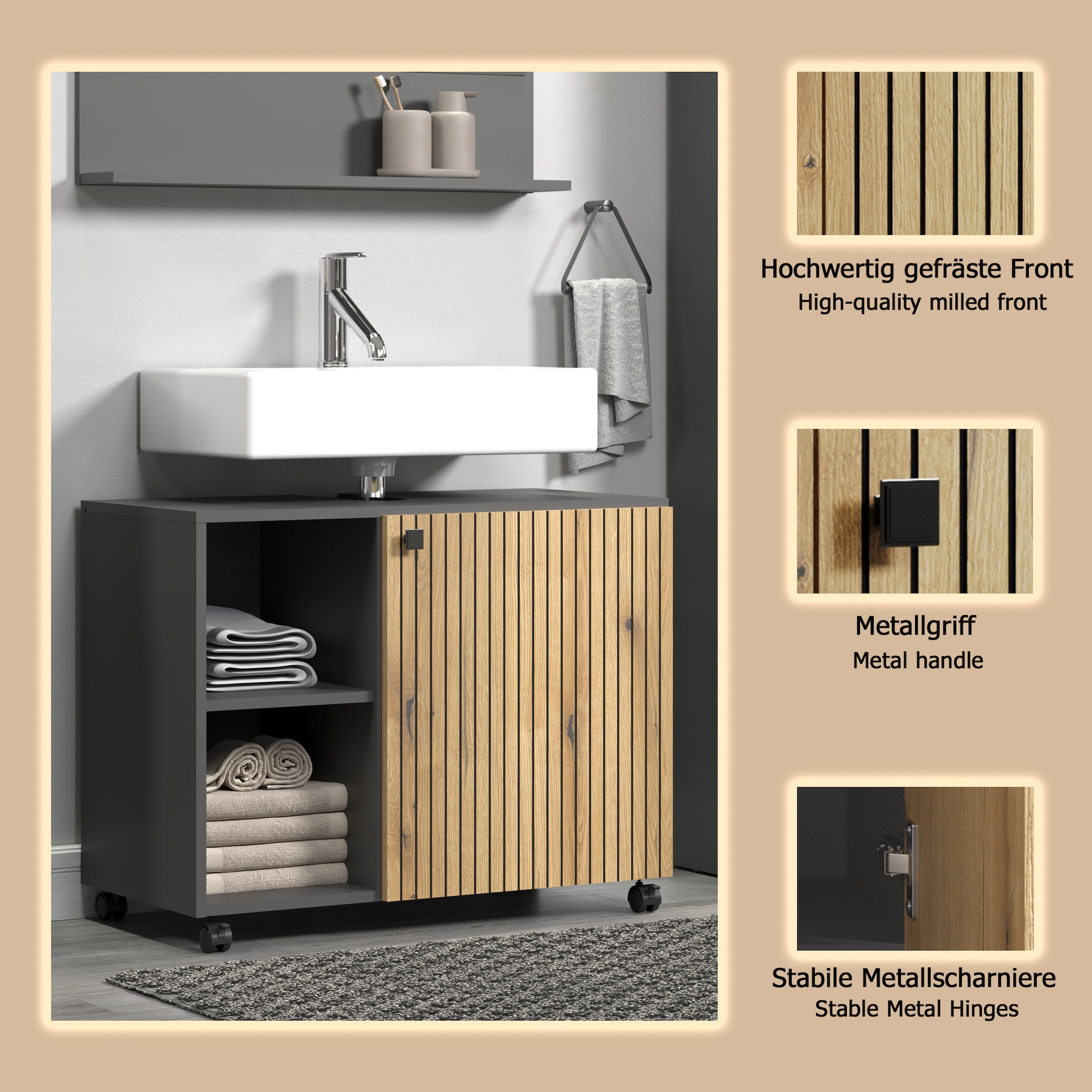 welltime Waschbeckenunterschrank »Amrum«, BxHxT 80 x 64 x 42cm Waschbeckenunterschrank Eiche Rillenoptik