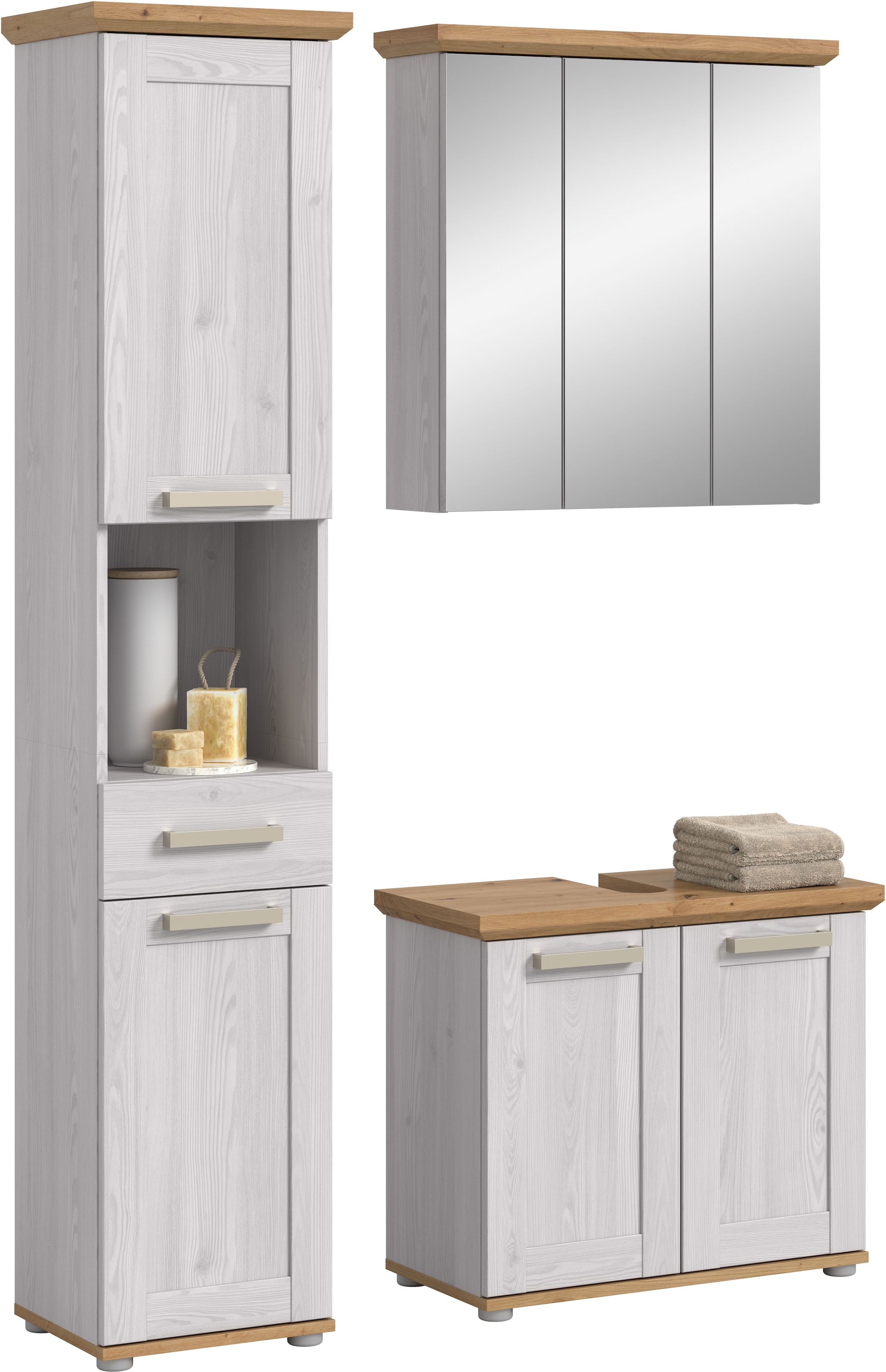 Image of welltime Badmöbel-Set "COSENZA" best. aus: 1 Hochschrank, 1 Spiegelschrank, 1 Waschbeckenunterschrank, 3 Stk. tlg.