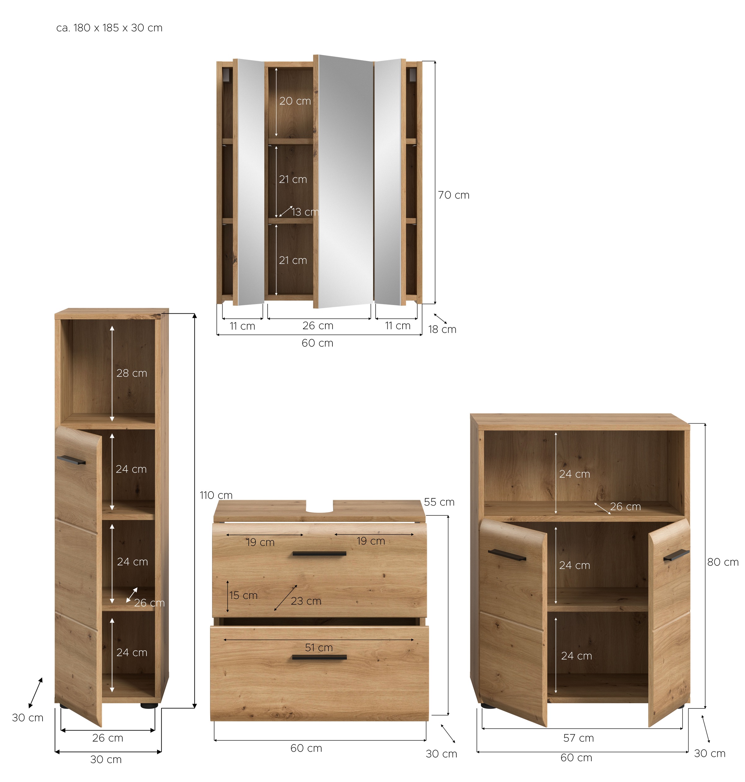 welltime Badmöbel-Set »FLORENZ,  4-teilige Badkombination, hochwertige MDF-Front« Set, Midischrank hoch, WBU, Spiegelschrank, Midischrank breit, 4 Stk. tlg.