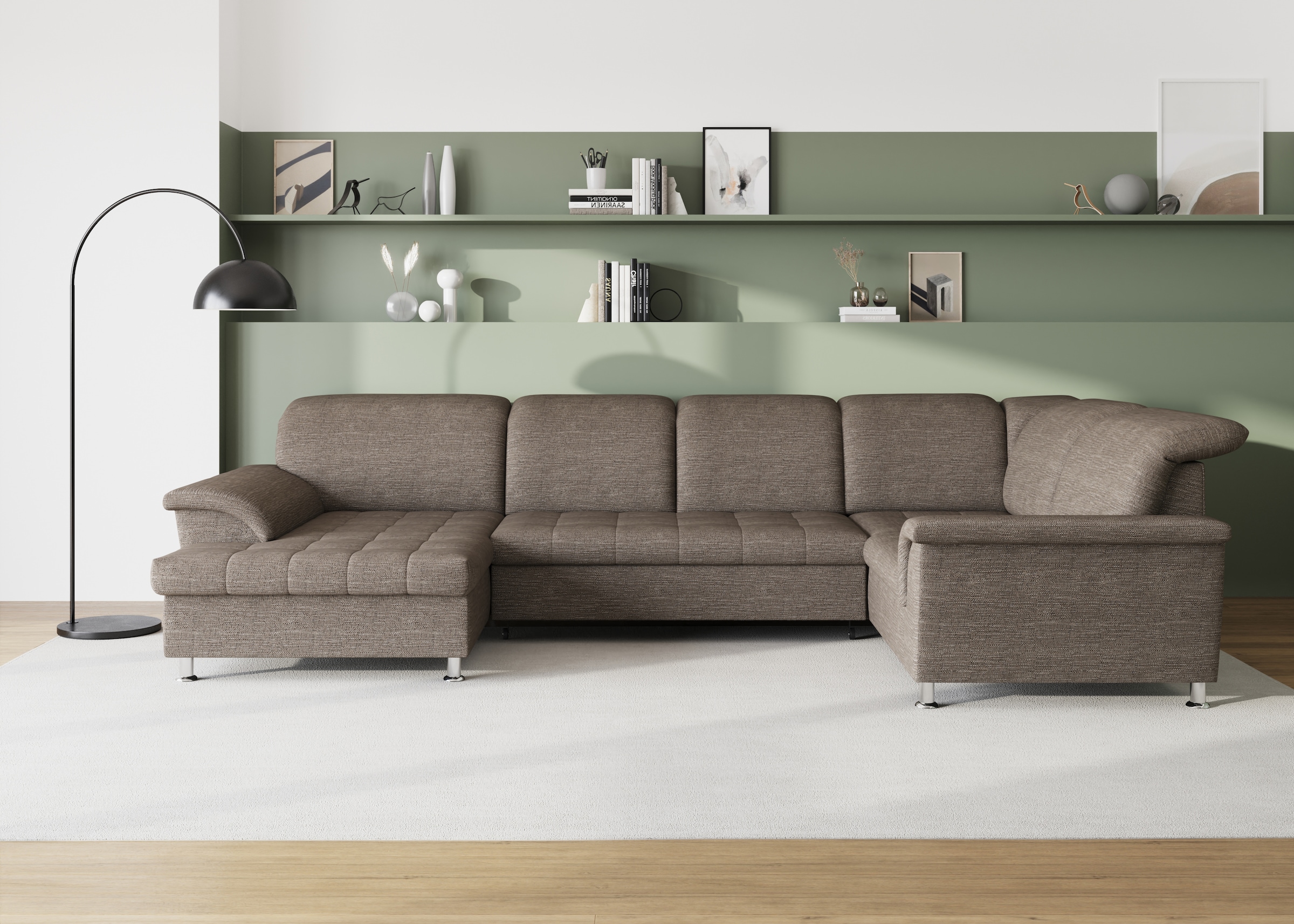 Image of DOMO collection Wohnlandschaft "FRANZI optional mit Bettfunktion, Bettkasten & Kopfteilverstellung" U-Form, Recamiere links, beige-braun, B/T: 352/214 cm
