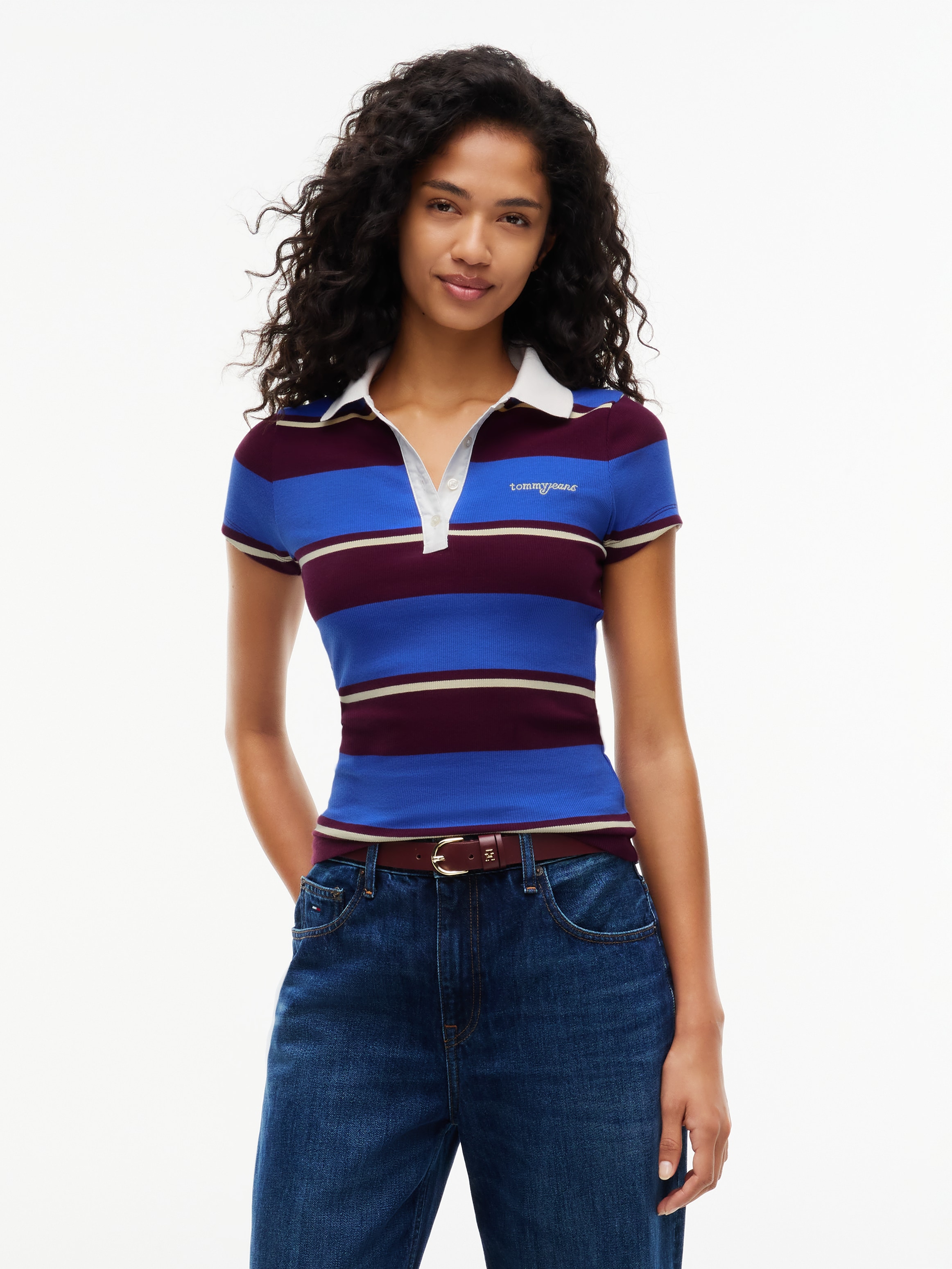 Image of Tommy Jeans Poloshirt "TJW SLIM SCRIPT RIB SS POLO" Baumwollmischung, slim fit, figurbetont, in gerippter Struktur