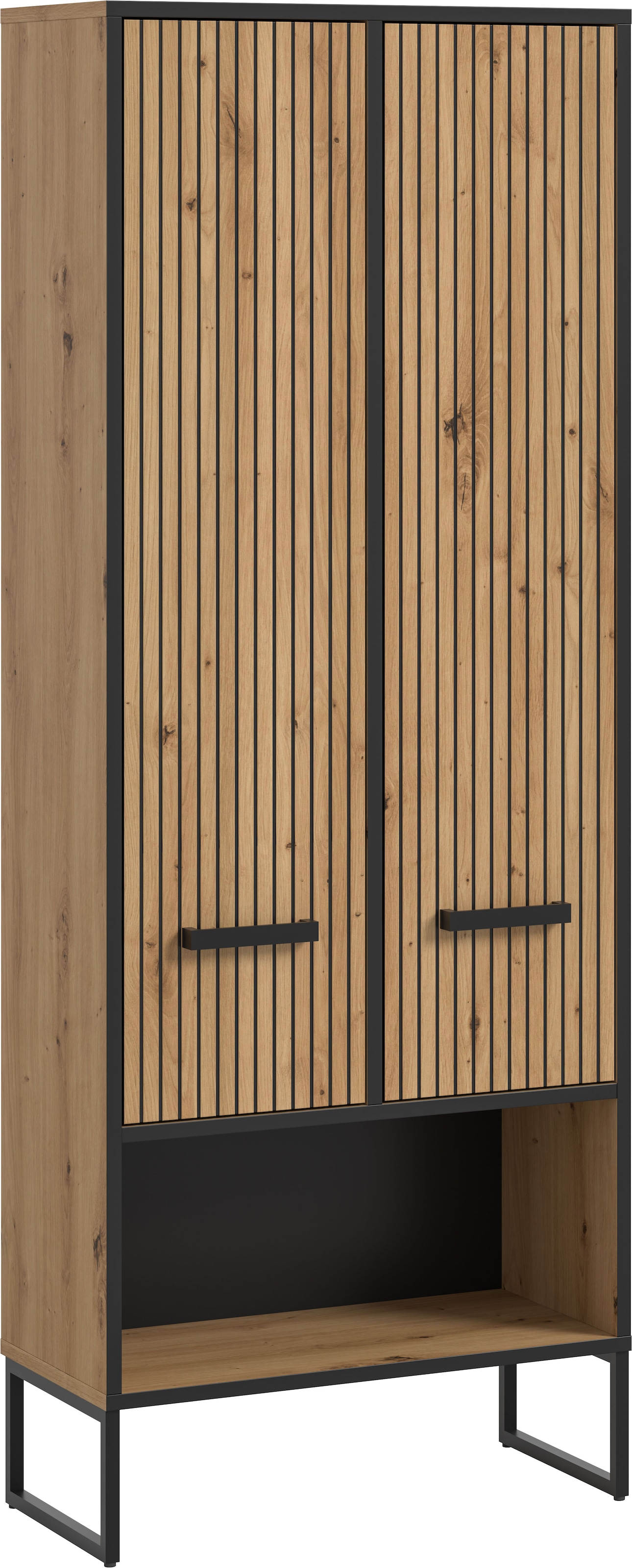 Image of welltime Hochschrank "LOCRI, Höhe 159 cm, 2 Türen, 6 Einlegeböden, 1 offenes Fach" industrial Look mit Rillenoptik & Metall Kufen, 1 Stk. tlg. variable Einlegeböden, modernes Design, Badschrank, Bad