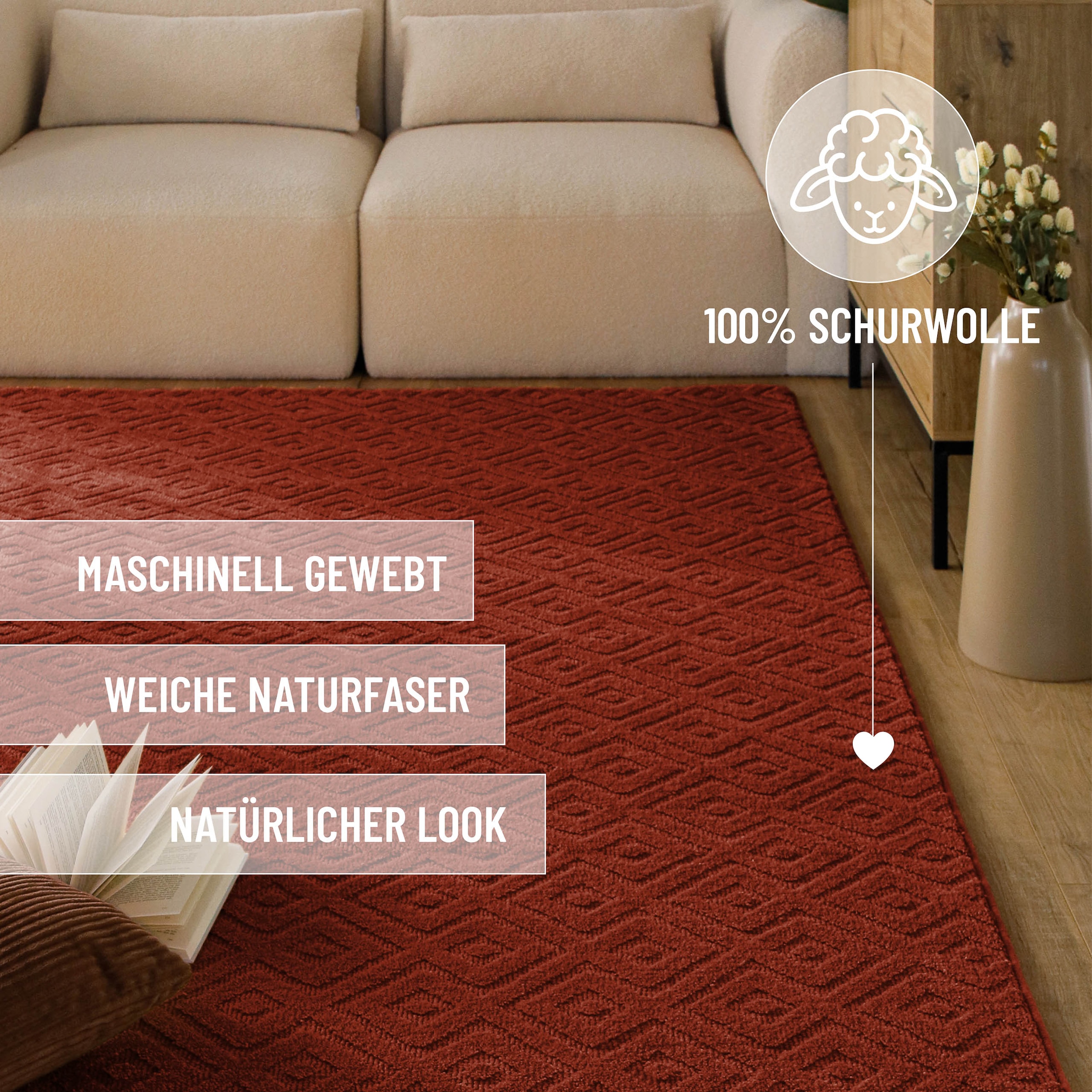 Wecon home Tapis »Castello TWO« Rectangulaire 7 mm Höhe Schurwolle, Kurzflor mit Hoch-Tief-Effekt, Wohnzimmer, Rautenmuster