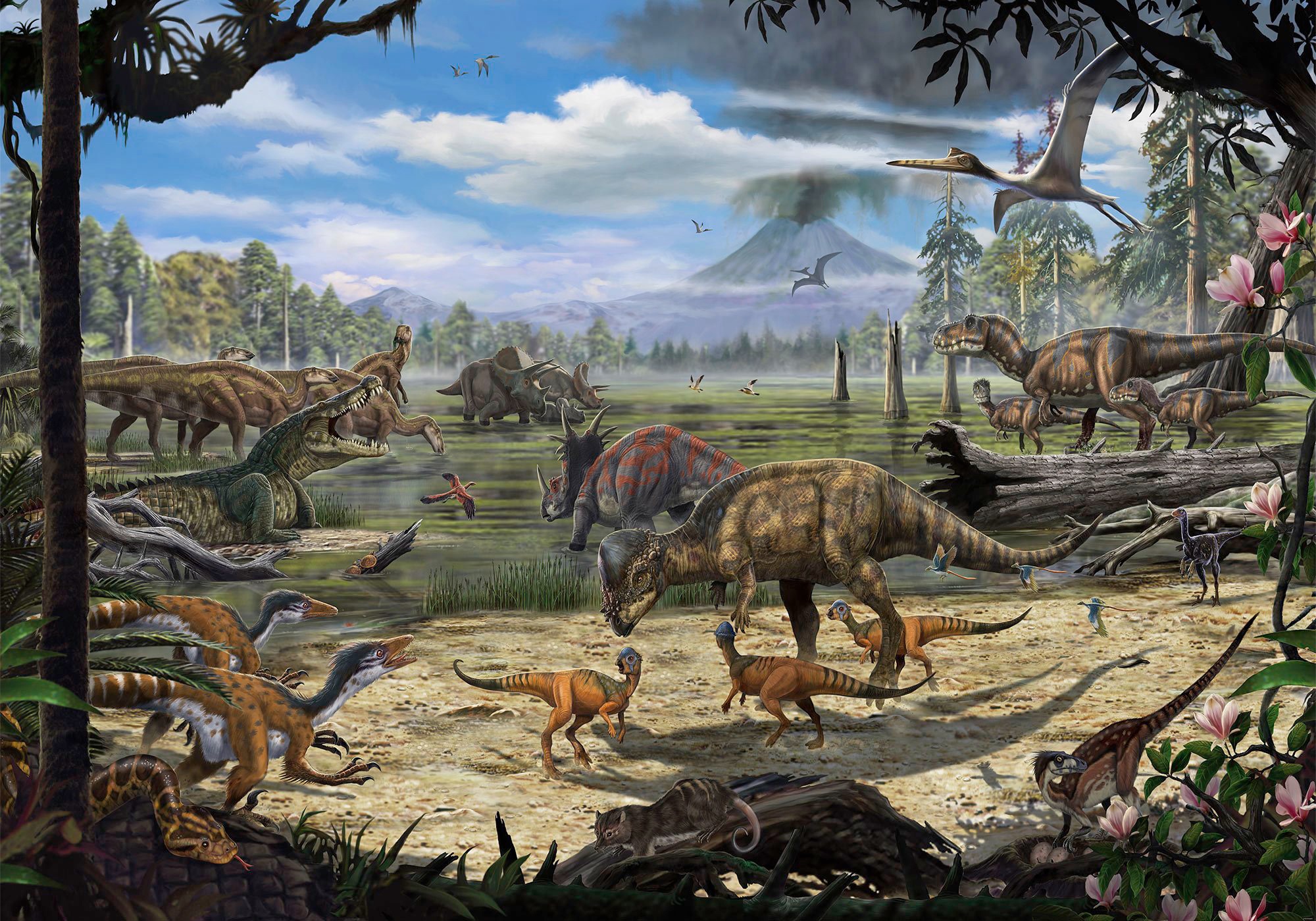 Image of Komar Fototapete »Dinosaurs on the Shore«, bedruckt-Comic-Retro-mehrfarbig, BxH: 400x280 cm bei Ackermann Versand Schweiz