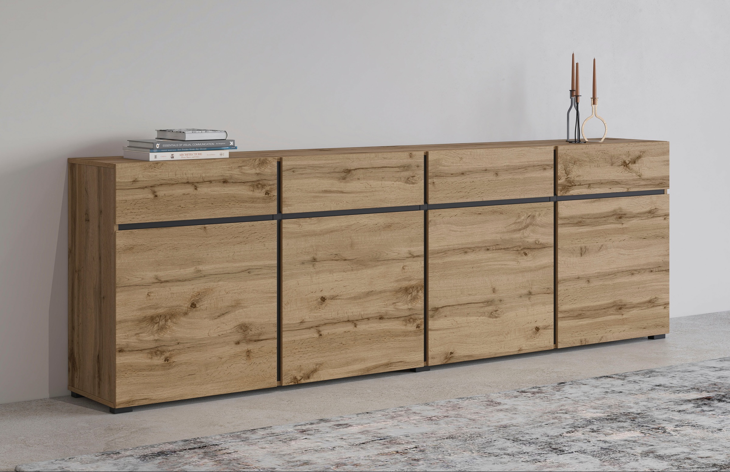 Image of GOODproduct Sideboard "Cross,Breite 225 cm, moderne grifflose Kommode,4 Türen/4 Schubkästen" Schubladenschrank mit viel Stauraum, Einlegeböden verstellbar