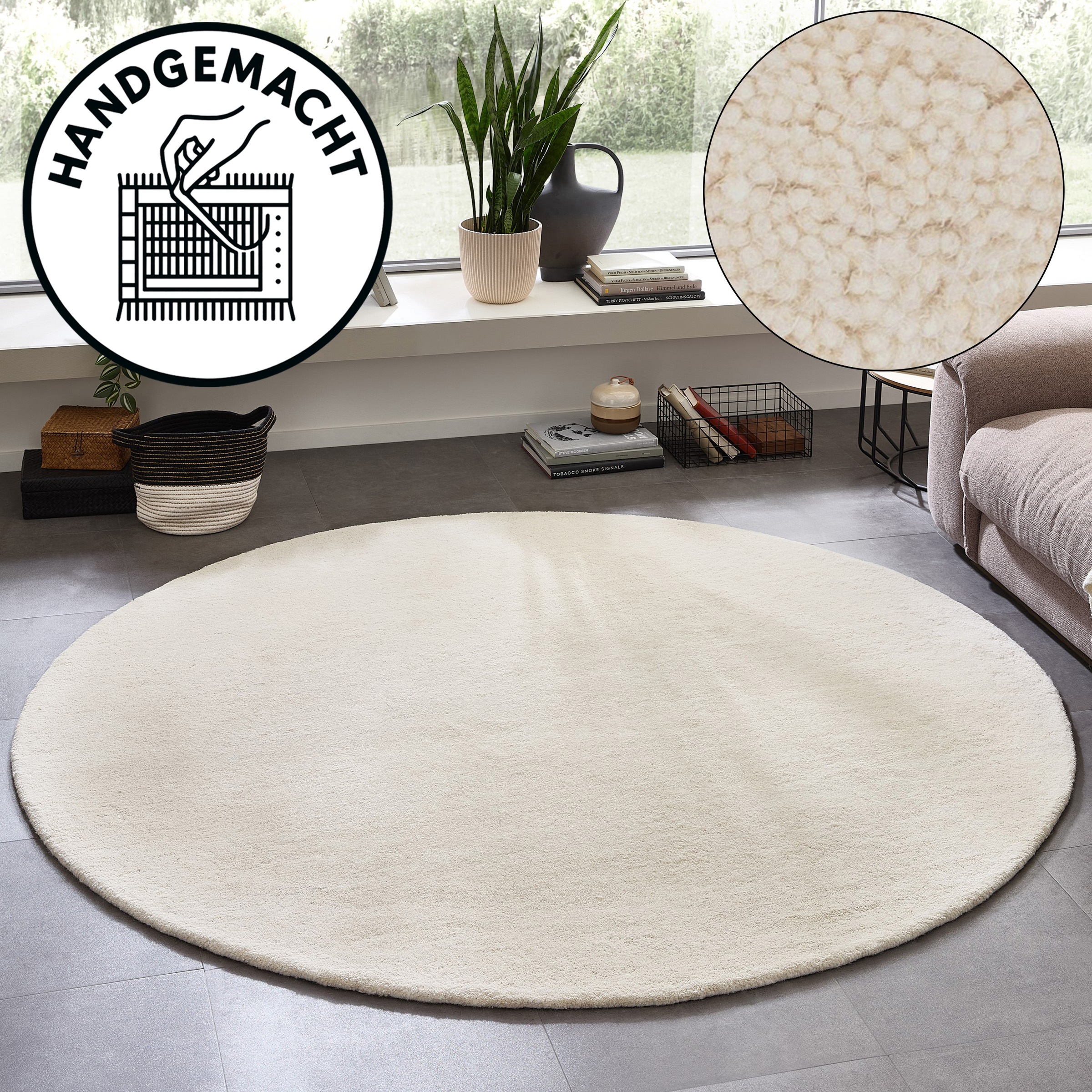 Image of GOODproduct Wollteppich "Gabbo Natur, Handgefertigt, Teppich, reine Wolle, meliert" rund 14 mm Höhe besonders weich und dicht