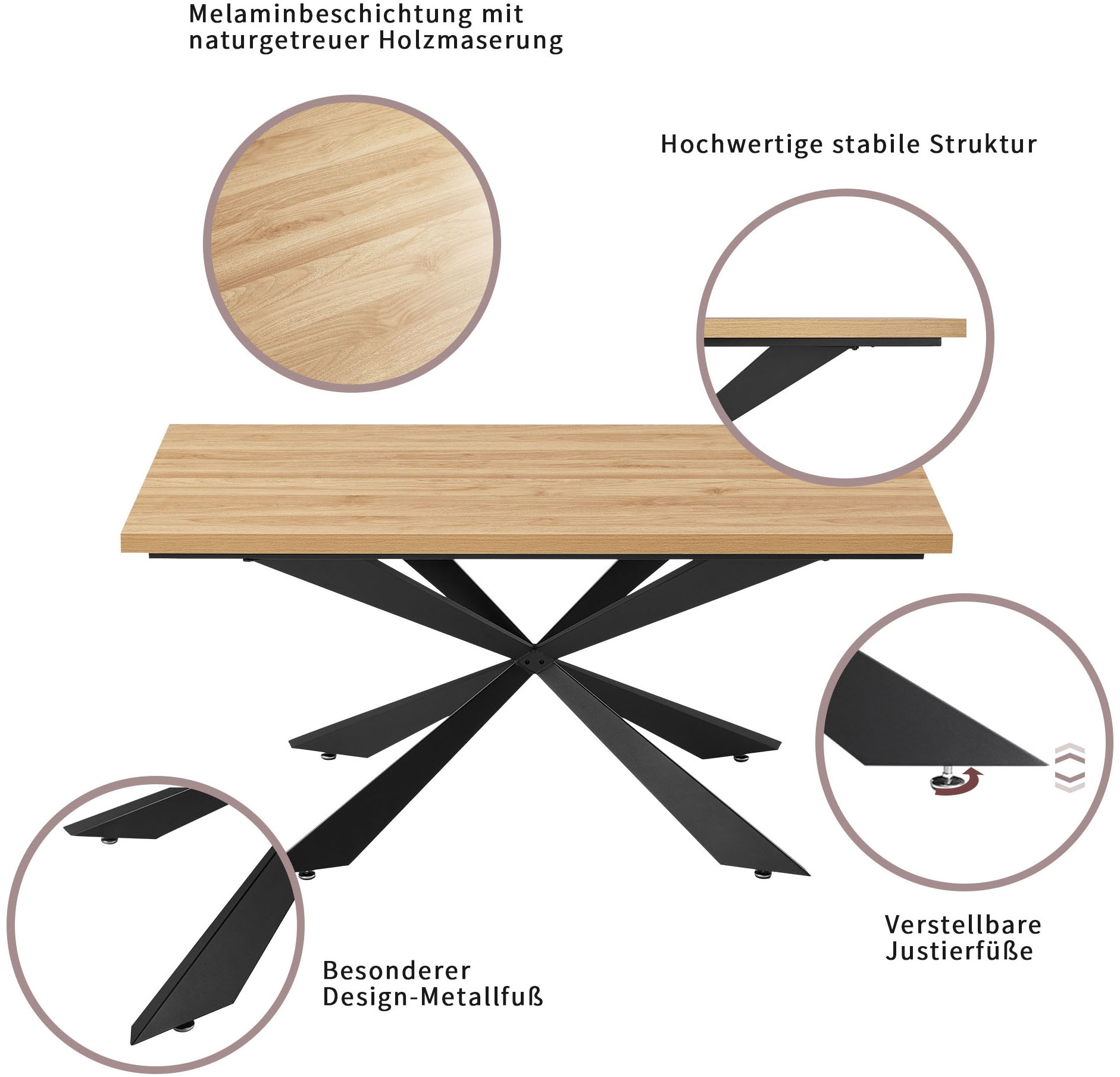 GOODproduct Ensemble de salle à manger »Cusey, besteht aus einem Esstisch und vier Stühlen« Set, Stühle drehbar, Esstisch 160 cm, 4 cm starke Tischplatte, 5 cuis tlg. kratzfester Tisch in Holzoptik, drehbare Stühlen, atmungsaktivem Stoff