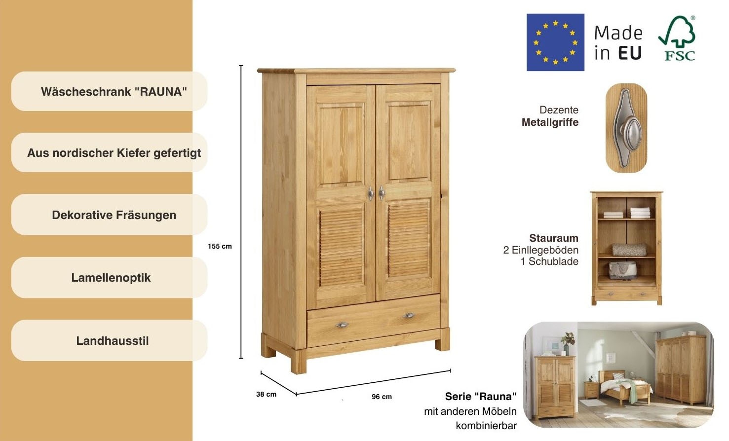 Home affaire Wäscheschrank »Rauna« B/H/T ca. 96/155/38 cm,  aus massiver Kiefer, FSC®, 2-türig, 96cm breit
