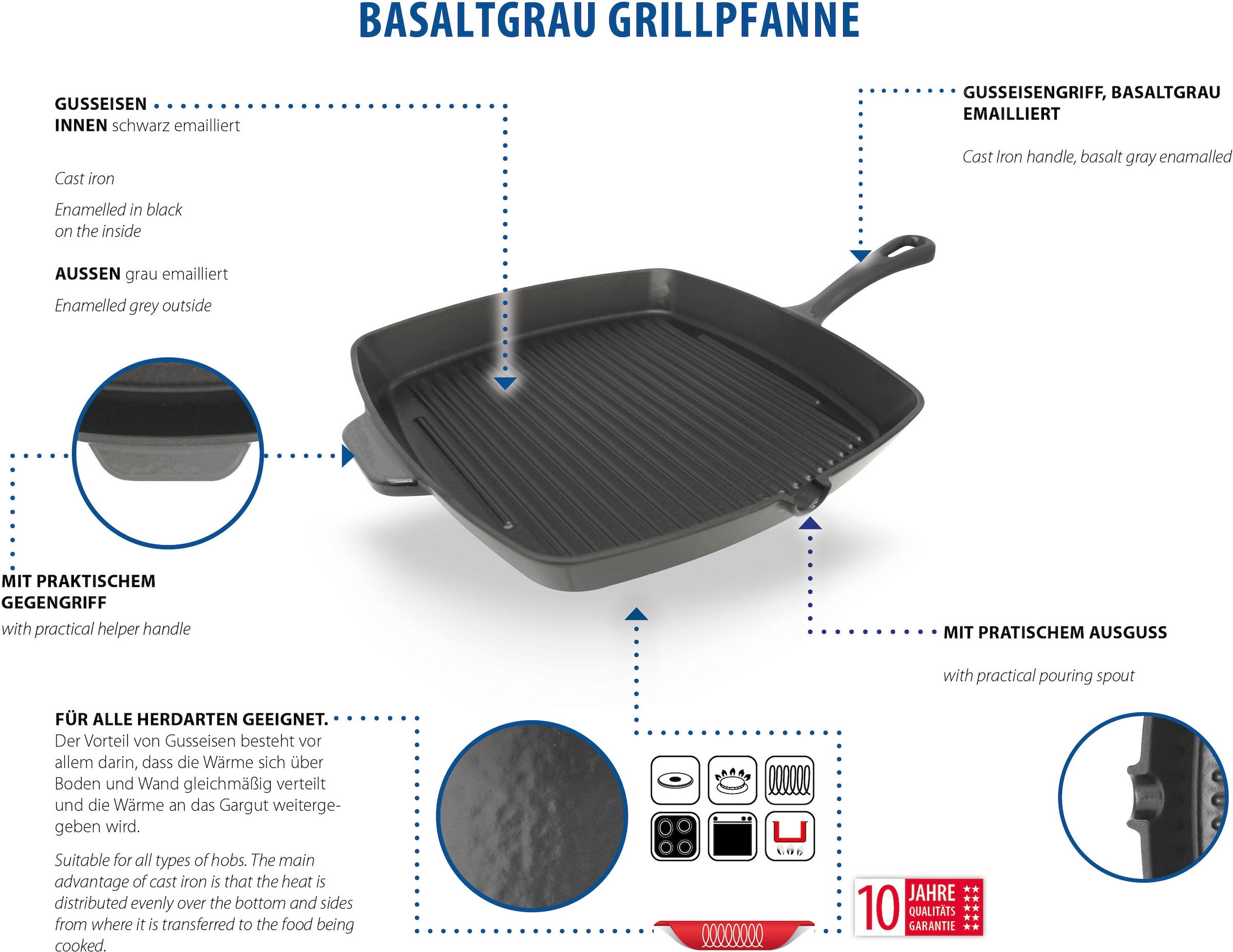 Elo Poêle à griller »Gusseisen Pfanne Ø 28 cm« Fonte 1 tlg. Émaillé à l'extérieur