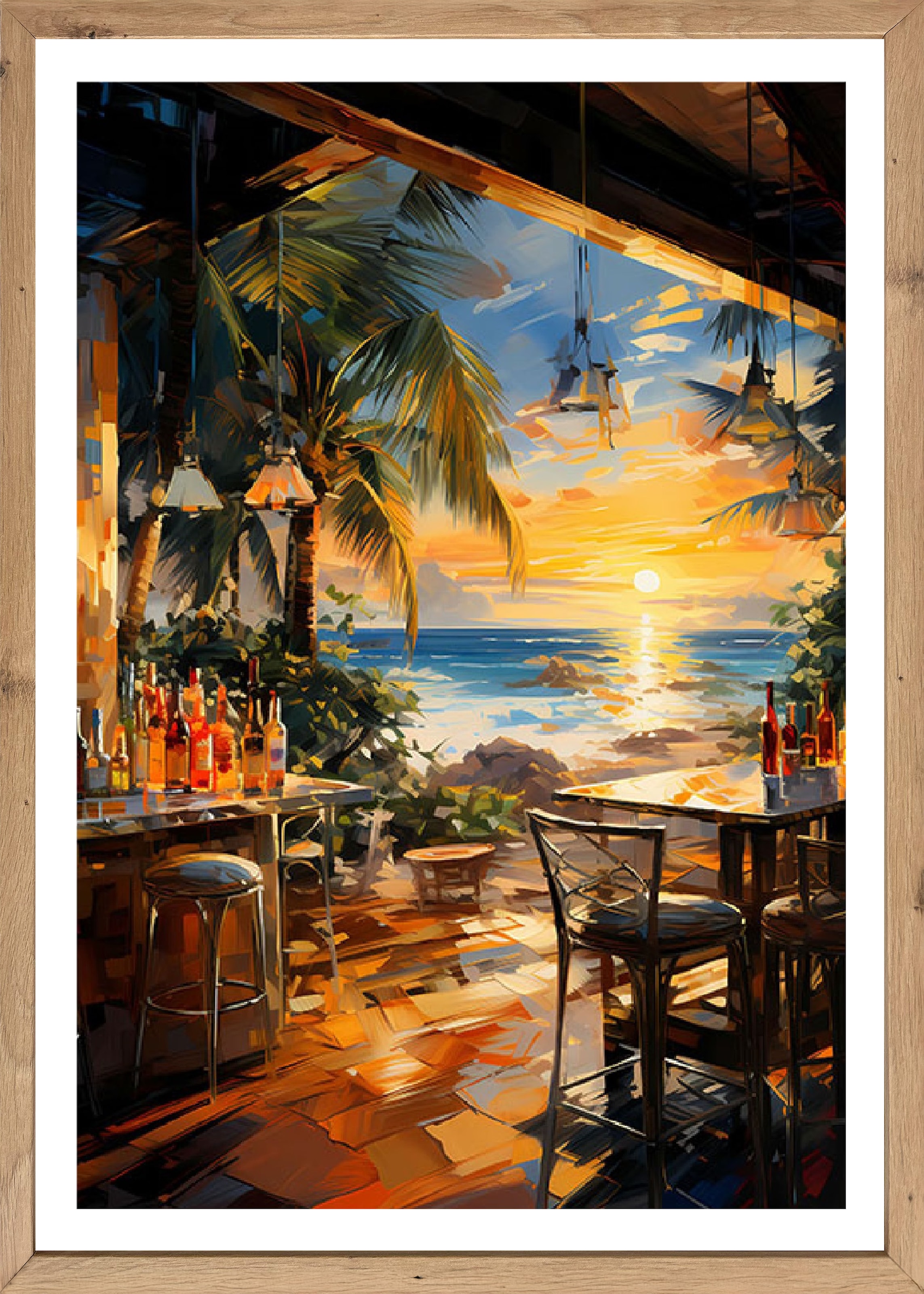 Image of Bönninghoff Bild mit Rahmen "Wandbild gerahmt STRANDBAR 50x70 cm – Sommerliches Küstenmotiv mit" Abstrakt Abstrakte Bar & Lounges Cocktail Getränke Palmen Sonnenuntergang Strand Strandbilder 1 Stk. tlg. mit dekorativem Rahmen