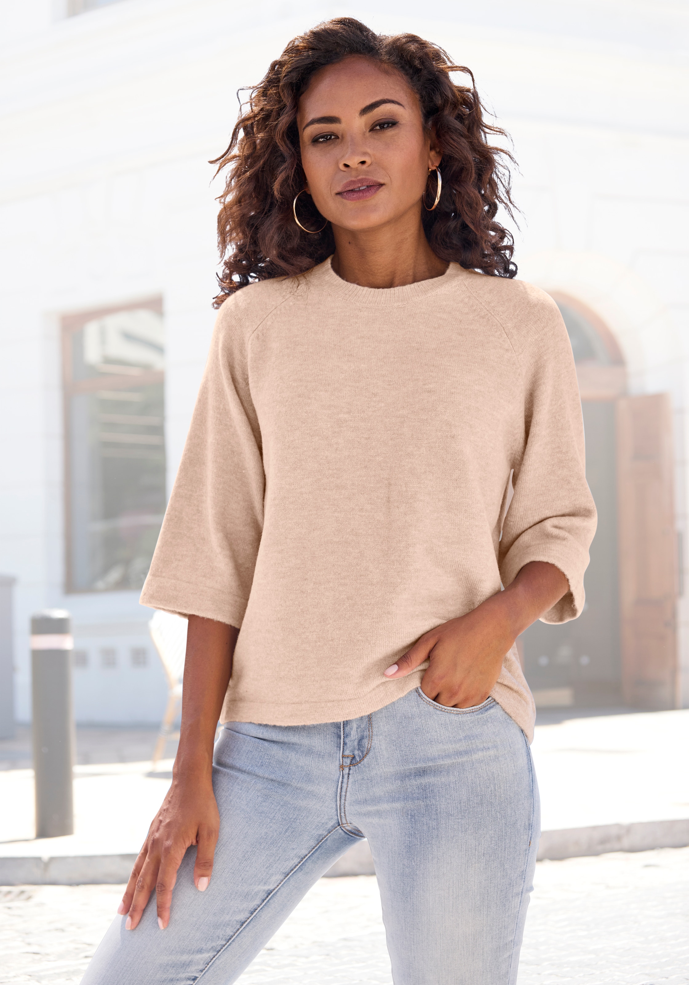 Image of Vivance Kurzarmpullover "mit weiten Ärmeln" lockere Passform, Rundhalspullover, weicher Strickpullover, Basic