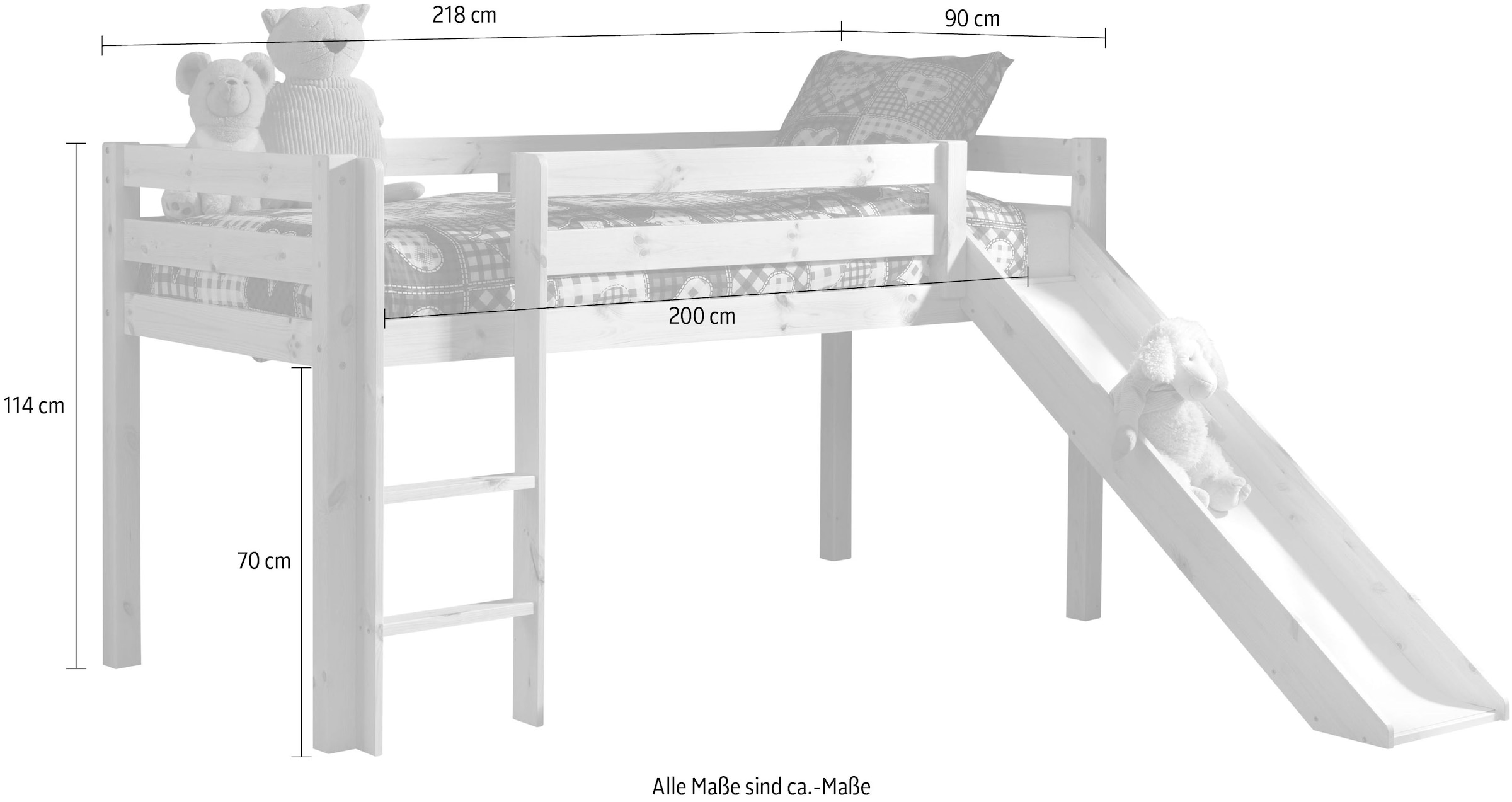 Vipack Hochbett »Pino, inkl. Rolllattenrost, Leiter, Rutsche und Absturzschutz« B/H/T ca. 210x114x218cm, Kiefer massiv, stabil und standfest,  in verschiedenen Farben erhältlich