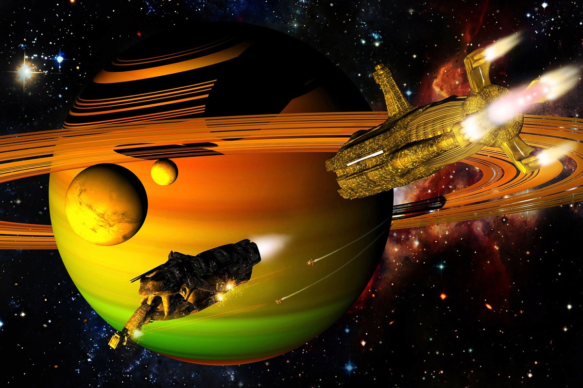 Image of Papermoon Fototapete »Raumschiffe über Planet«, Vliestapete, hochwertiger Digitaldruck, inklusive Kleister bei Ackermann Versand Schweiz