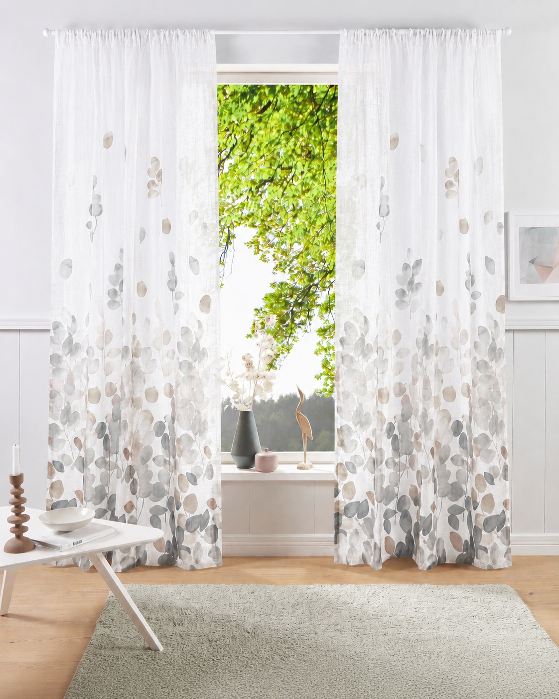 Image of GOODproduct Gardine "Reeffa, 1 Stück, halbtransparent, Leinenoptik, leichter Lichtschutz" Multifunktionsband 1 Stk. tlg. Blätterdruck, leichter Lichtschutz, Leinenoptik, modern und schön
