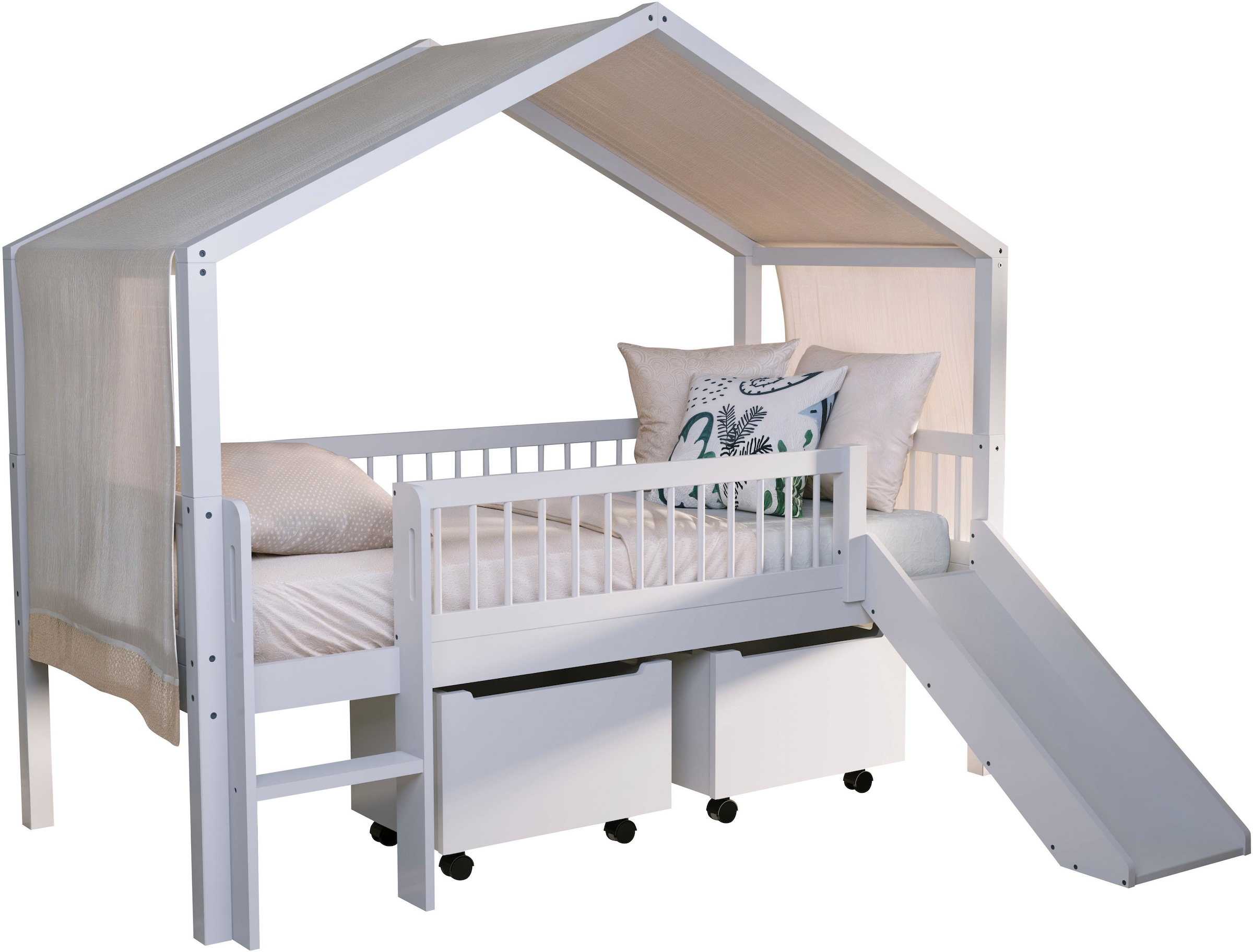 Image of Vipack Hausbett "Inkl. Dachaufbau, Leiter, Rutsche und Rolllattenrost, Made in Europe" wahlweise mit und ohne dekorativem Textilhimmel erhältlich, hochwertig und stabil bebaut, Buche massiv weiss lackiert