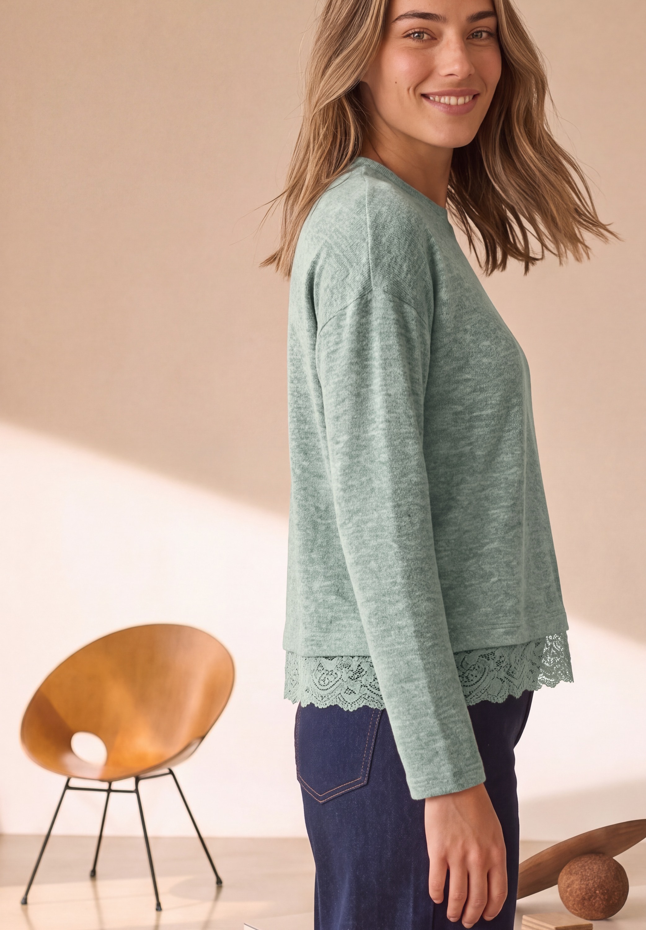 Image of STREET ONE Strickpullover Spitzenbesatz am Saum / Melange-Look